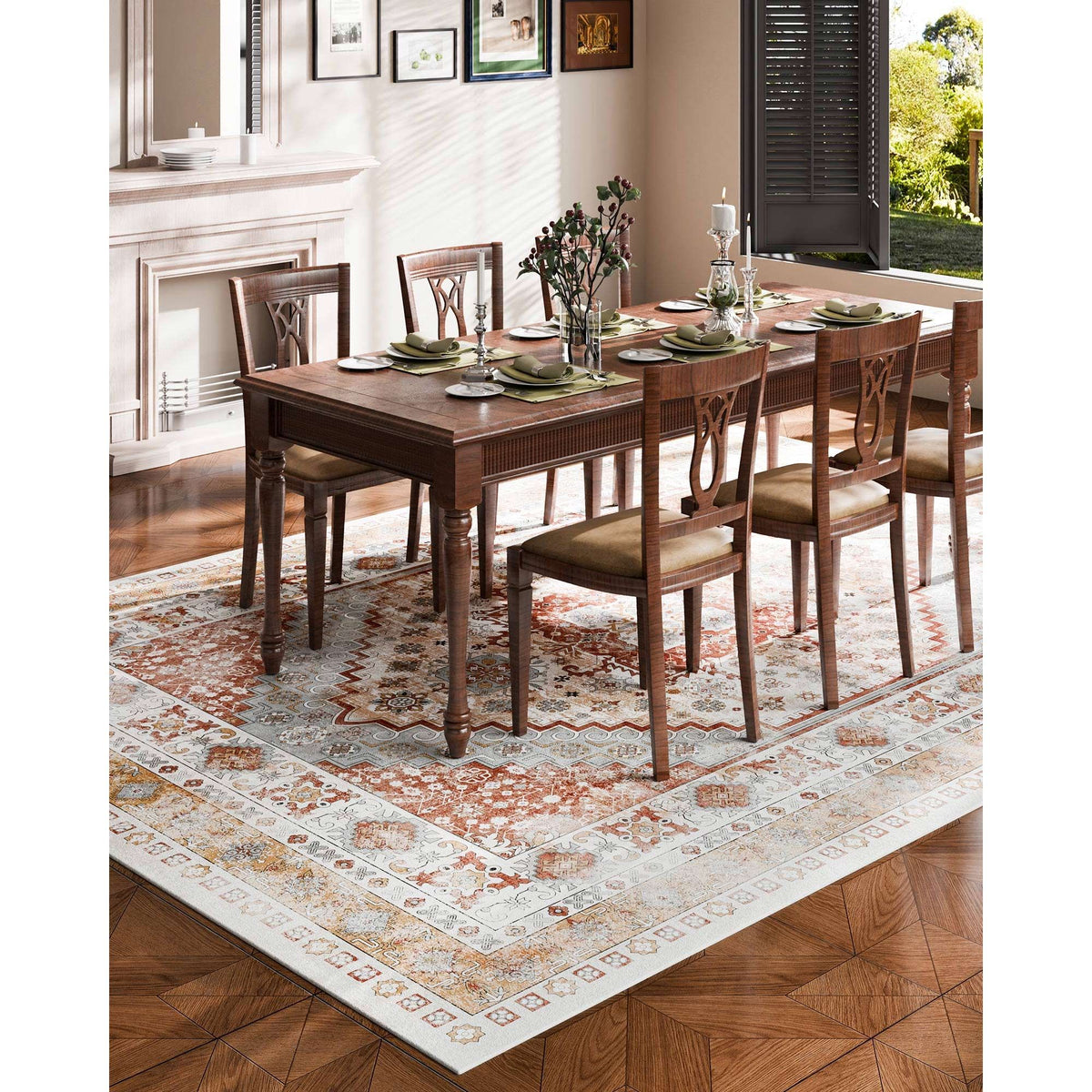 Area Rug, 2743.2 x 3658 mm Large Washable Rug, Non-Slip and Tear-Resistant Soft Carpet, Pet & Child Friendly Vintage Area Rugs, Indoor Mat for Bedroom, Living Room, Kids Room, Office, Brown Red