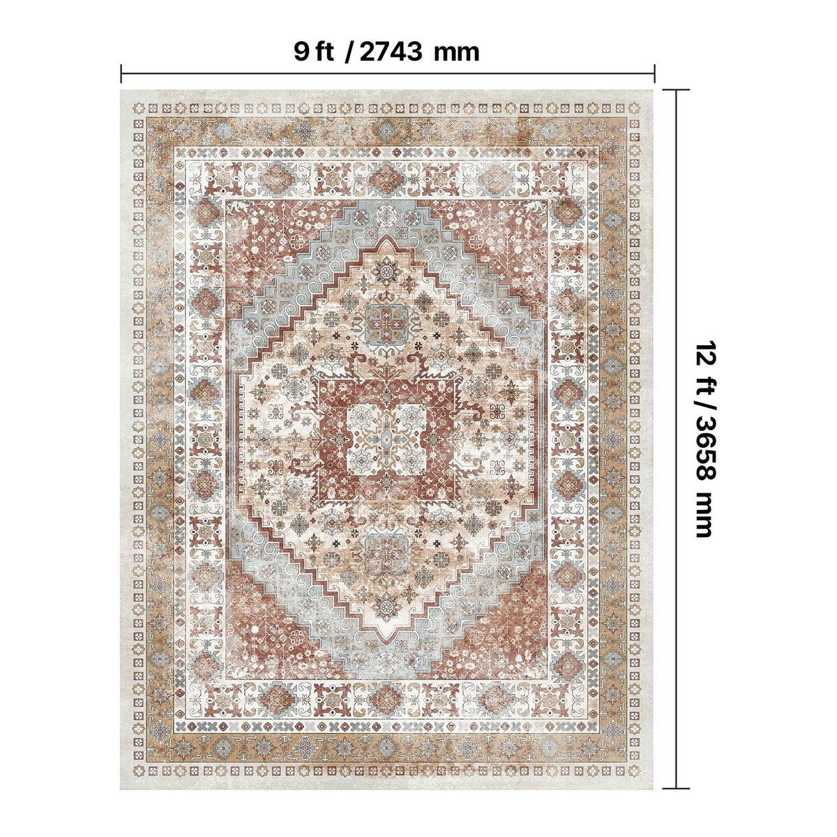 Area Rug, 2743.2 x 3658 mm Large Washable Rug, Non-Slip and Tear-Resistant Soft Carpet, Pet & Child Friendly Vintage Area Rugs, Indoor Mat for Bedroom, Living Room, Kids Room, Office, Brown Red
