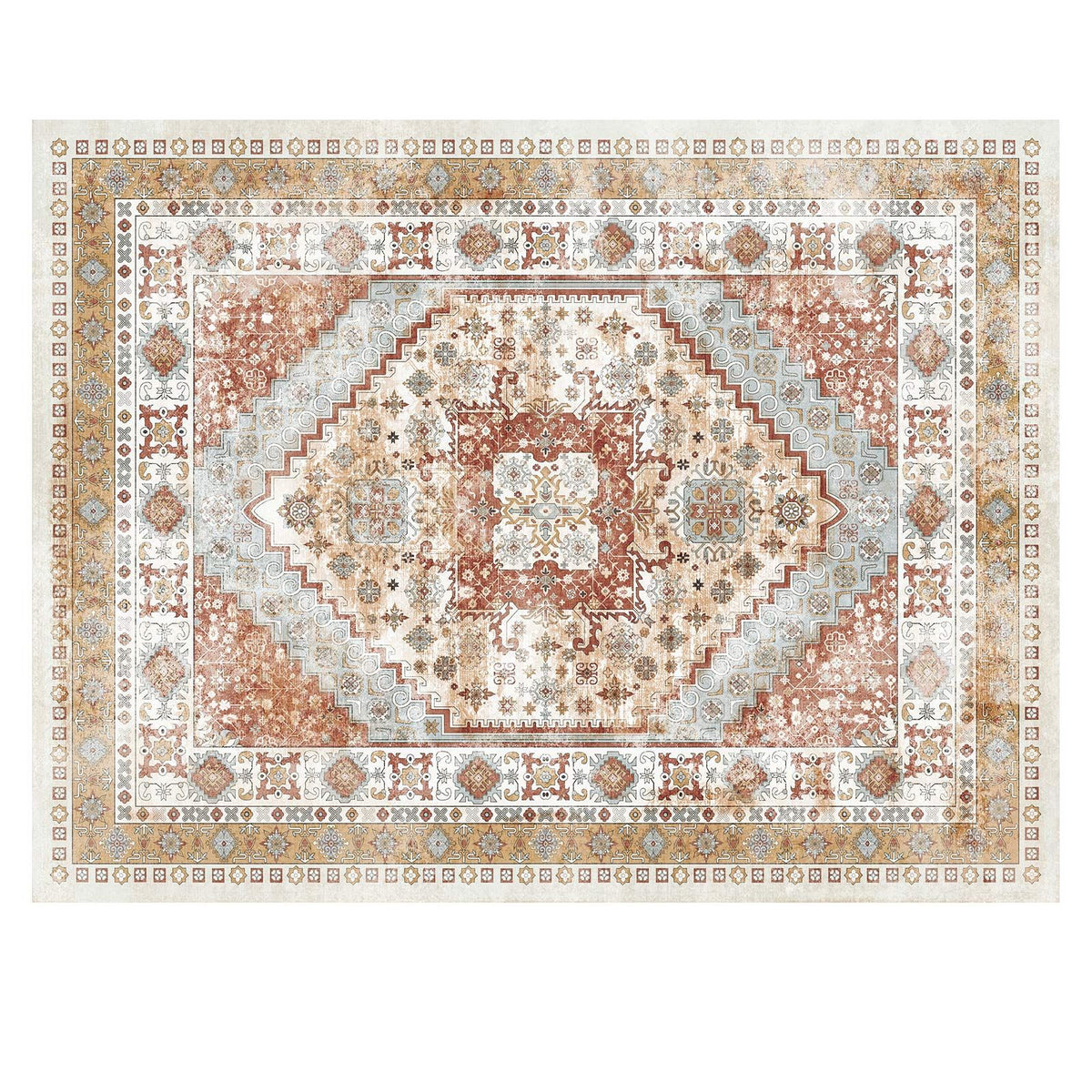 Area Rug, 2743.2 x 3658 mm Large Washable Rug, Non-Slip and Tear-Resistant Soft Carpet, Pet & Child Friendly Vintage Area Rugs, Indoor Mat for Bedroom, Living Room, Kids Room, Office, Brown Red