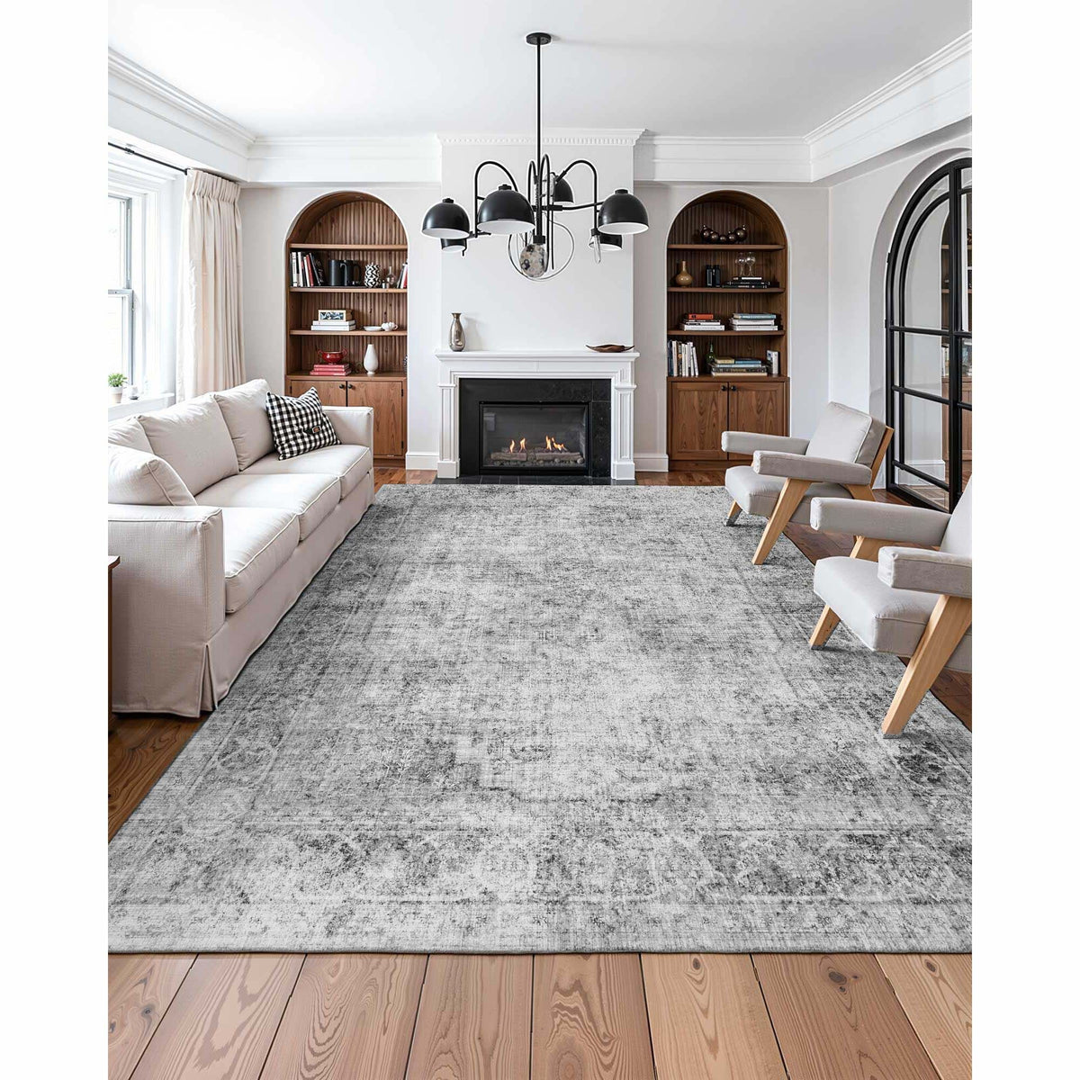 Area Rug, 2743.2 x 3658 mm Large Washable Boho Rug, Non-Slip and Tear-Resistant Soft Carpet, Pet & Child Friendly Bohemian Area Rugs, Indoor Mat for Bedroom, Living Room, Kids Room, Office, Gray