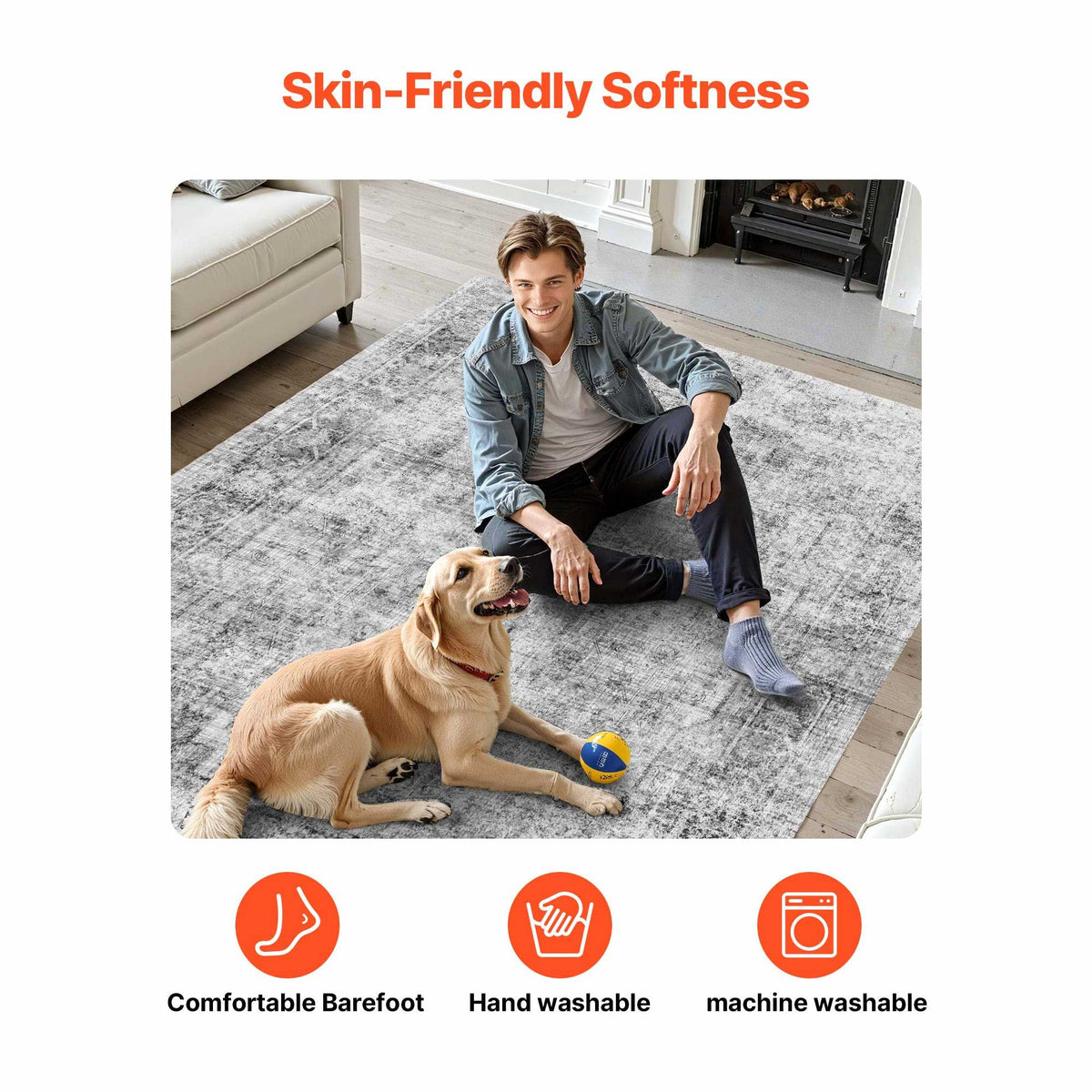 Area Rug, 2743.2 x 3658 mm Large Washable Boho Rug, Non-Slip and Tear-Resistant Soft Carpet, Pet & Child Friendly Bohemian Area Rugs, Indoor Mat for Bedroom, Living Room, Kids Room, Office, Gray