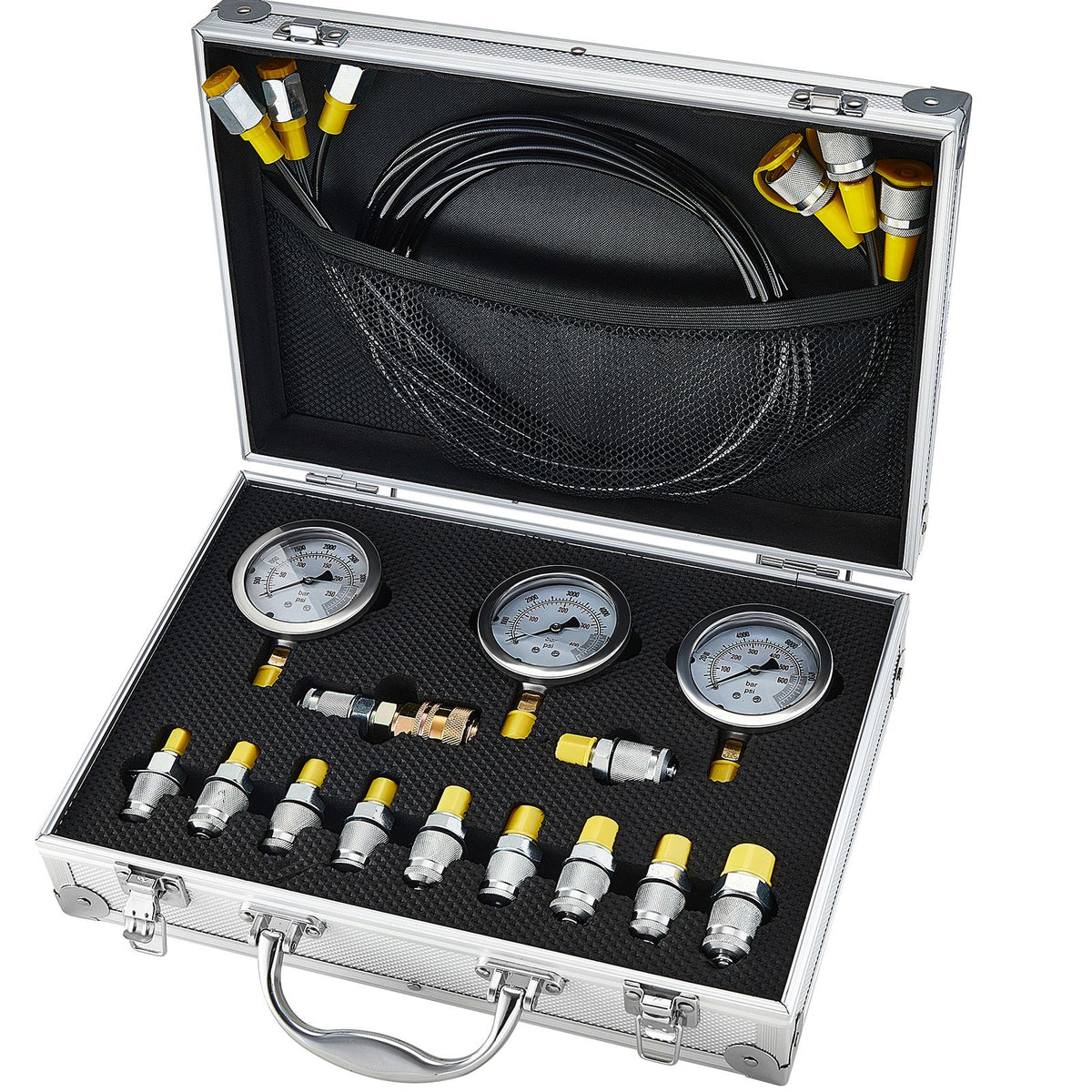 Hydraulic Pressure Test Kit, 250/400/600bar, 3 Gauges 11 Test Couplings 3 Test Hoses, Excavator Hydraulic Test Gauge Set with Portable Carrying Case for Excavator Tractors Construction Machinery
