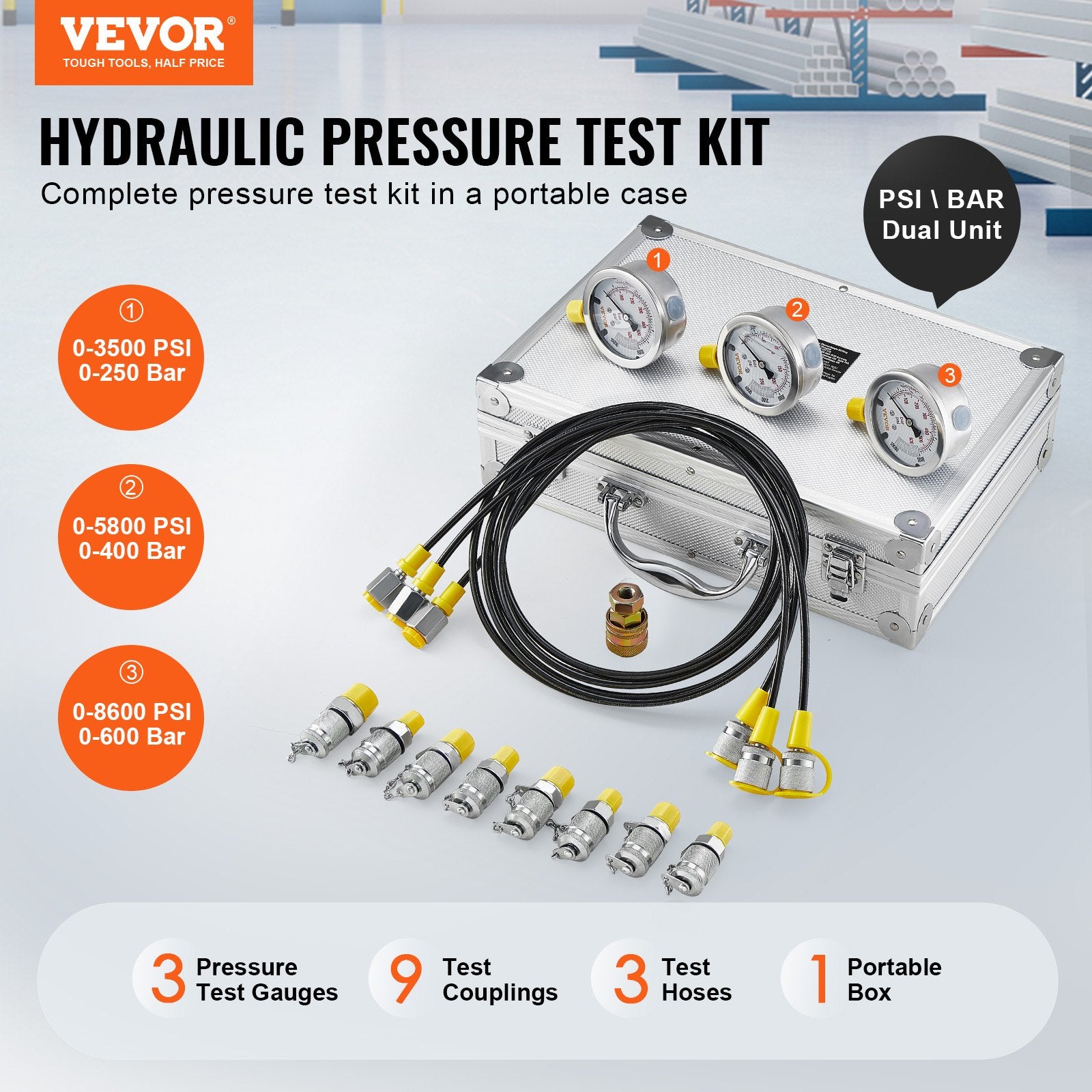 Hydraulic Pressure Test Kit, 250/400/600bar, 3 Gauges 9 Test Couplings 3 Test Hoses, Excavator Hydraulic Test Gauge Set with Portable Carrying Case for Excavator Tractors Construction Machinery