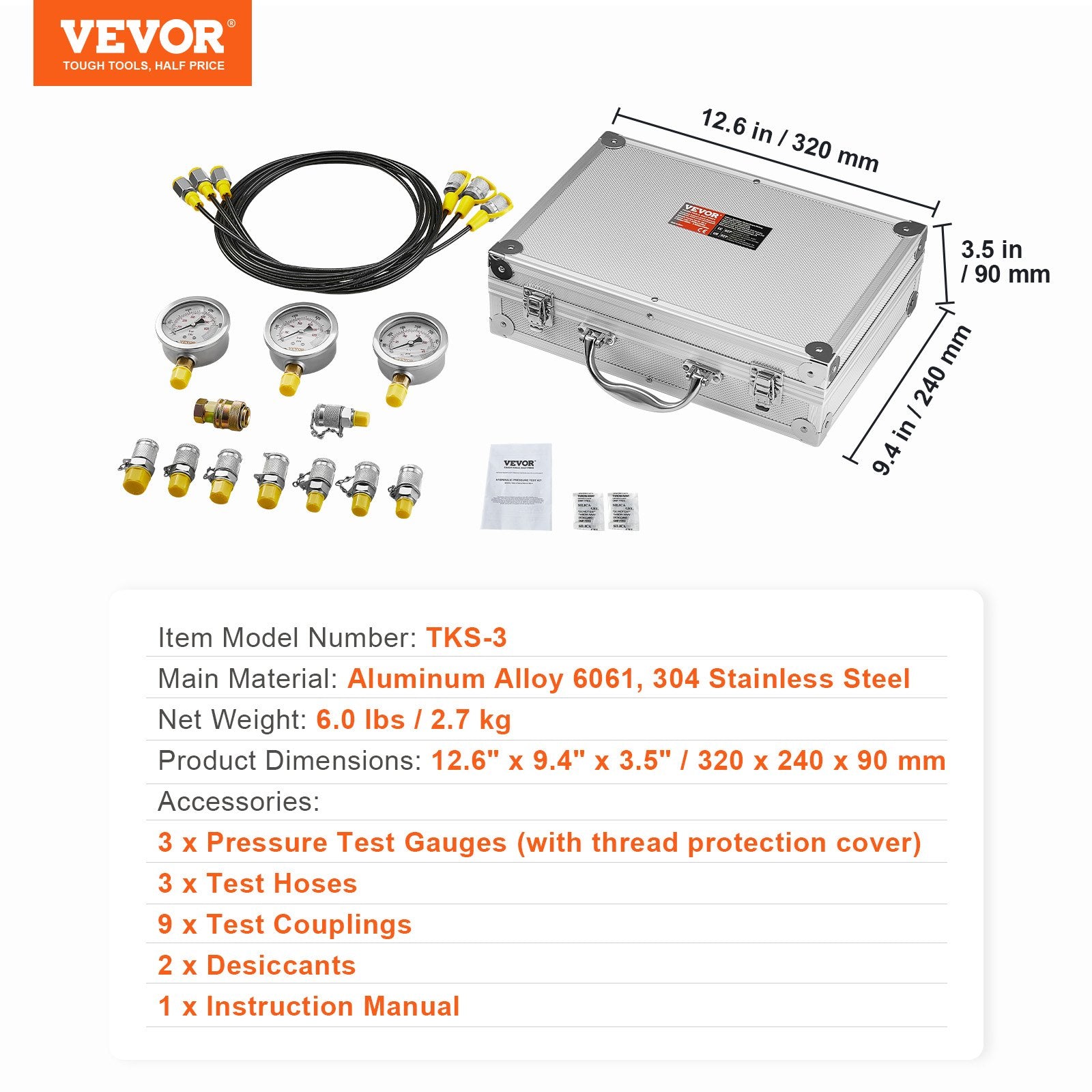 Hydraulic Pressure Test Kit, 250/400/600bar, 3 Gauges 9 Test Couplings 3 Test Hoses, Excavator Hydraulic Test Gauge Set with Portable Carrying Case for Excavator Tractors Construction Machinery