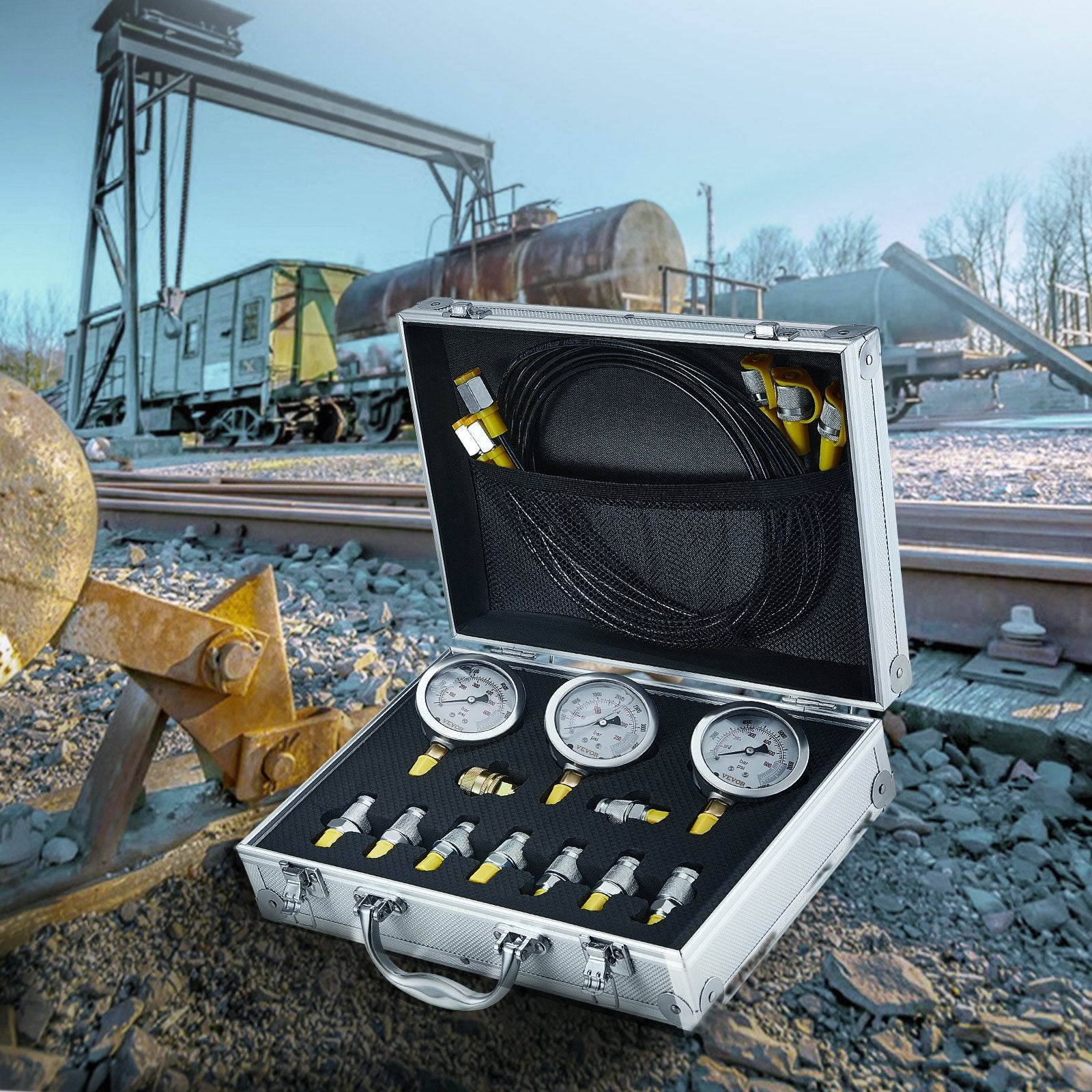 Hydraulic Pressure Test Kit, 250/400/600bar, 3 Gauges 9 Test Couplings 3 Test Hoses, Excavator Hydraulic Test Gauge Set with Portable Carrying Case for Excavator Tractors Construction Machinery