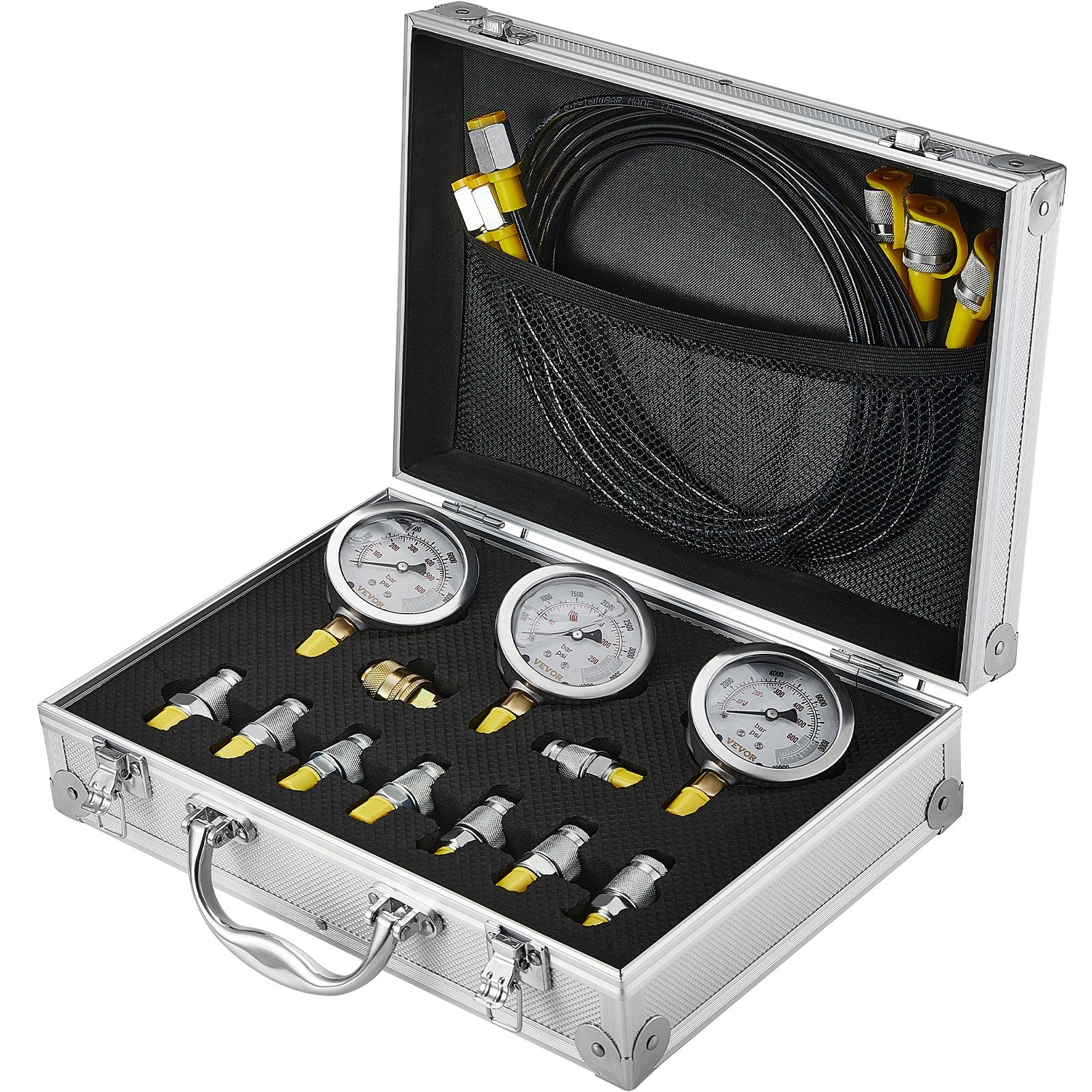 Hydraulic Pressure Test Kit, 250/400/600bar, 3 Gauges 9 Test Couplings 3 Test Hoses, Excavator Hydraulic Test Gauge Set with Portable Carrying Case for Excavator Tractors Construction Machinery