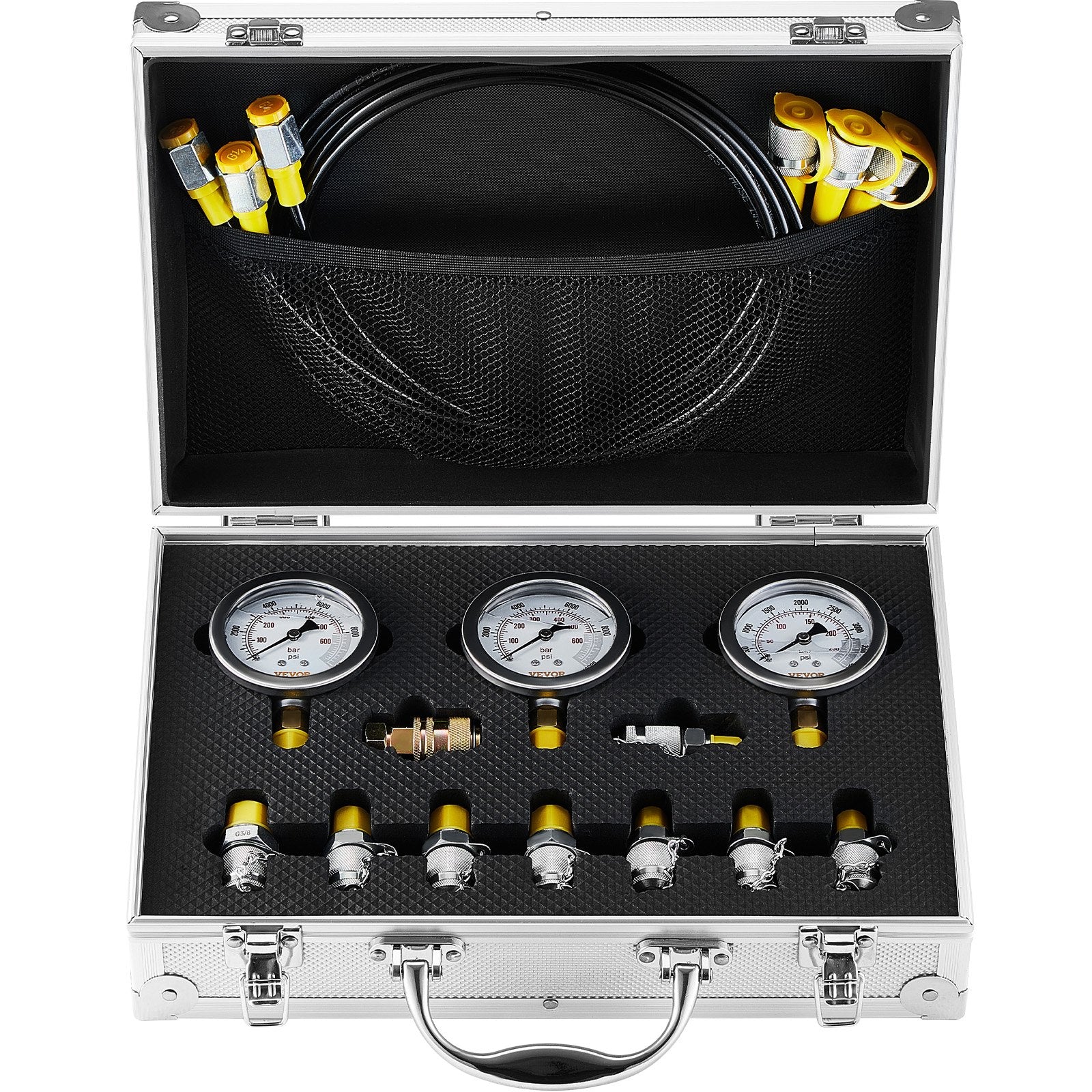 Hydraulic Pressure Test Kit, 250/400/600bar, 3 Gauges 9 Test Couplings 3 Test Hoses, Excavator Hydraulic Test Gauge Set with Portable Carrying Case for Excavator Tractors Construction Machinery