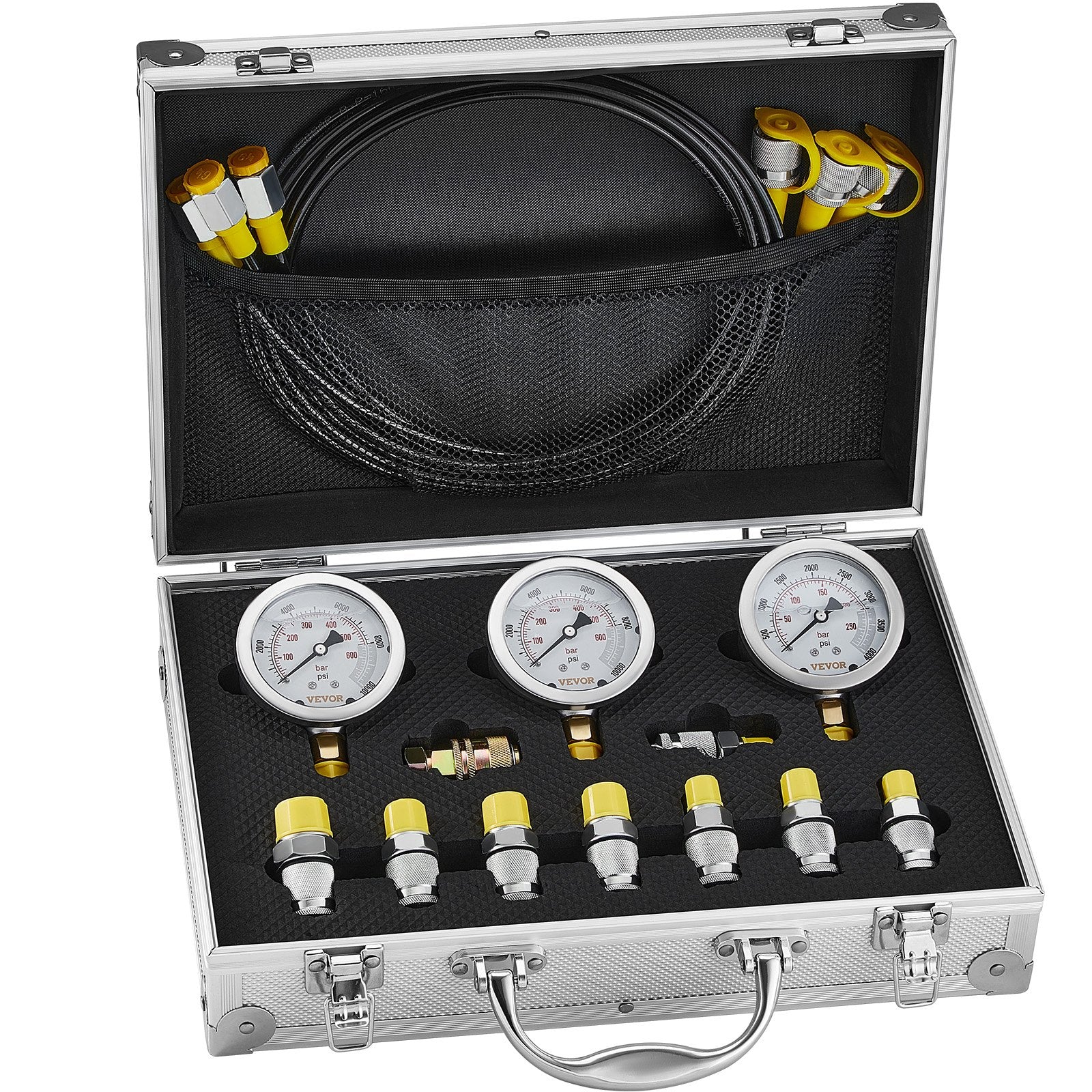 Hydraulic Pressure Test Kit, 250/400/600bar, 3 Gauges 9 Test Couplings 3 Test Hoses, Excavator Hydraulic Test Gauge Set with Portable Carrying Case for Excavator Tractors Construction Machinery