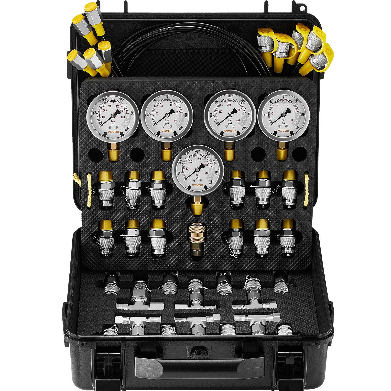 Automotive Repair & Speciality Tools: VEVOR Hydraulic Pressure Test Kit, 10/100/250/400/600bar, 5 Gauges 13 Couplings 14 Tee Connectors 5 Test Hoses, Excavator Hydraulic Test Gauge Set with Carrying Case for Excavator Tractors Machinery