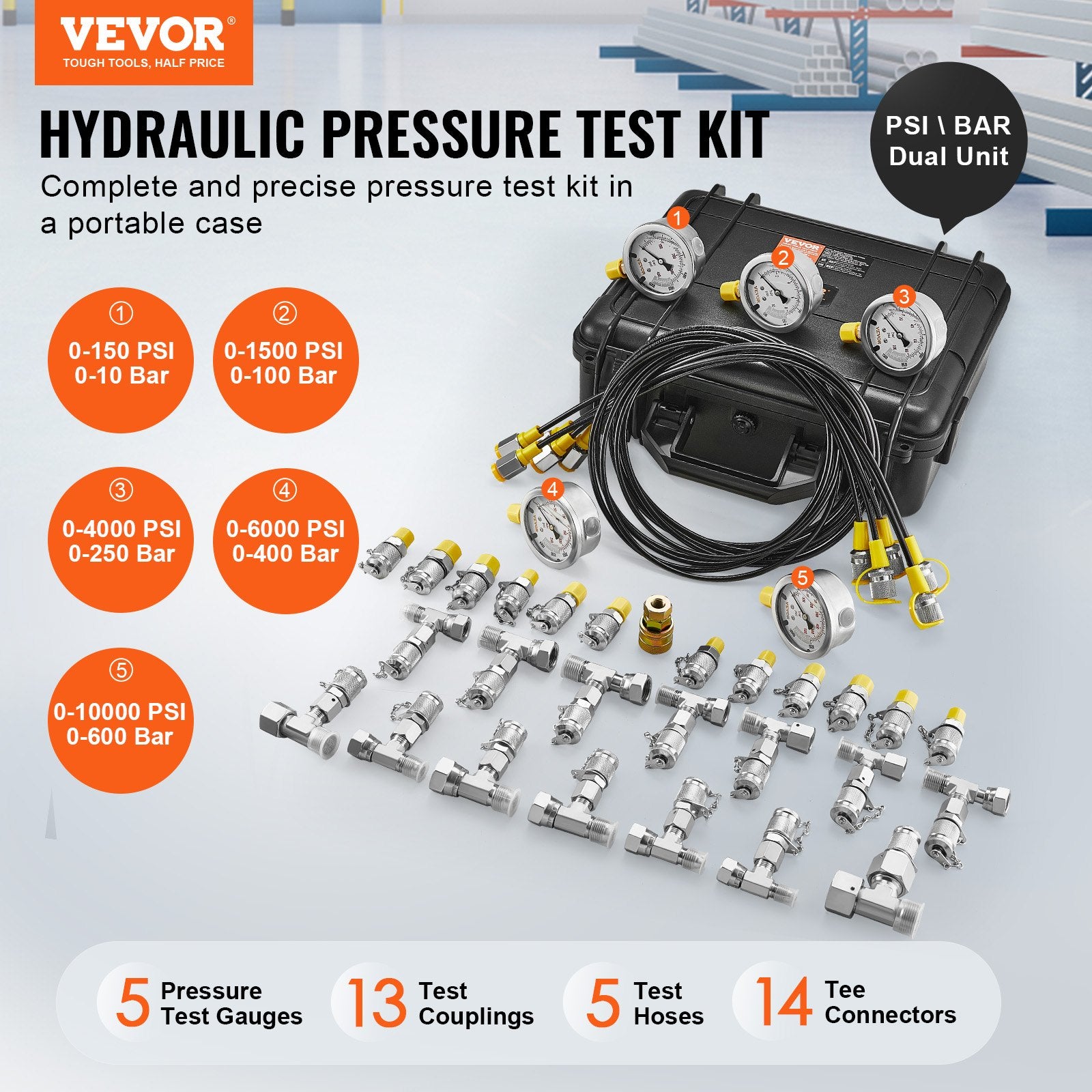 Automotive Repair & Speciality Tools: VEVOR Hydraulic Pressure Test Kit, 10/100/250/400/600bar, 5 Gauges 13 Couplings 14 Tee Connectors 5 Test Hoses, Excavator Hydraulic Test Gauge Set with Carrying Case for Excavator Tractors Machinery