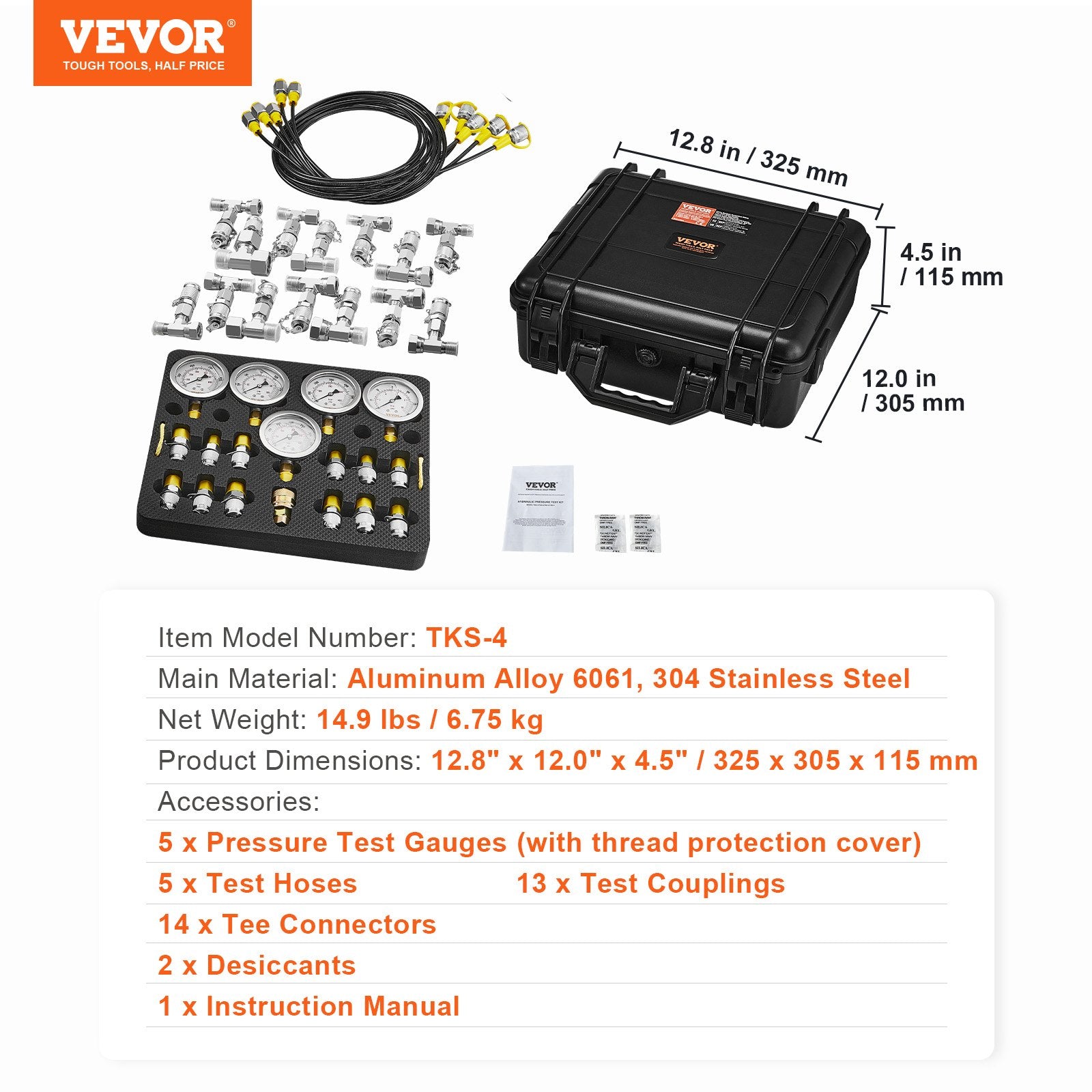 Automotive Repair & Speciality Tools: VEVOR Hydraulic Pressure Test Kit, 10/100/250/400/600bar, 5 Gauges 13 Couplings 14 Tee Connectors 5 Test Hoses, Excavator Hydraulic Test Gauge Set with Carrying Case for Excavator Tractors Machinery