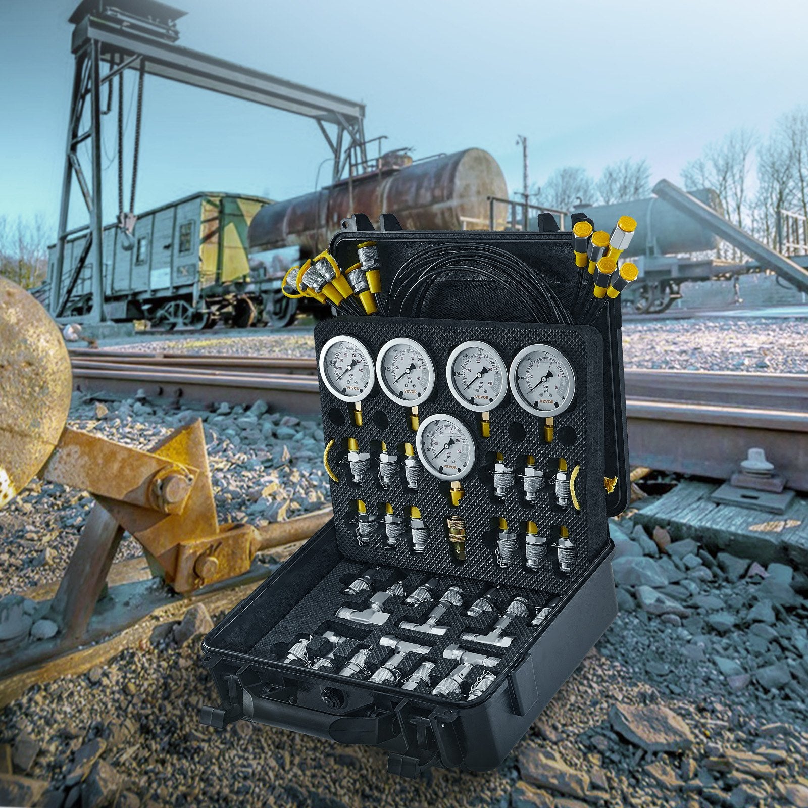 Automotive Repair & Speciality Tools: VEVOR Hydraulic Pressure Test Kit, 10/100/250/400/600bar, 5 Gauges 13 Couplings 14 Tee Connectors 5 Test Hoses, Excavator Hydraulic Test Gauge Set with Carrying Case for Excavator Tractors Machinery