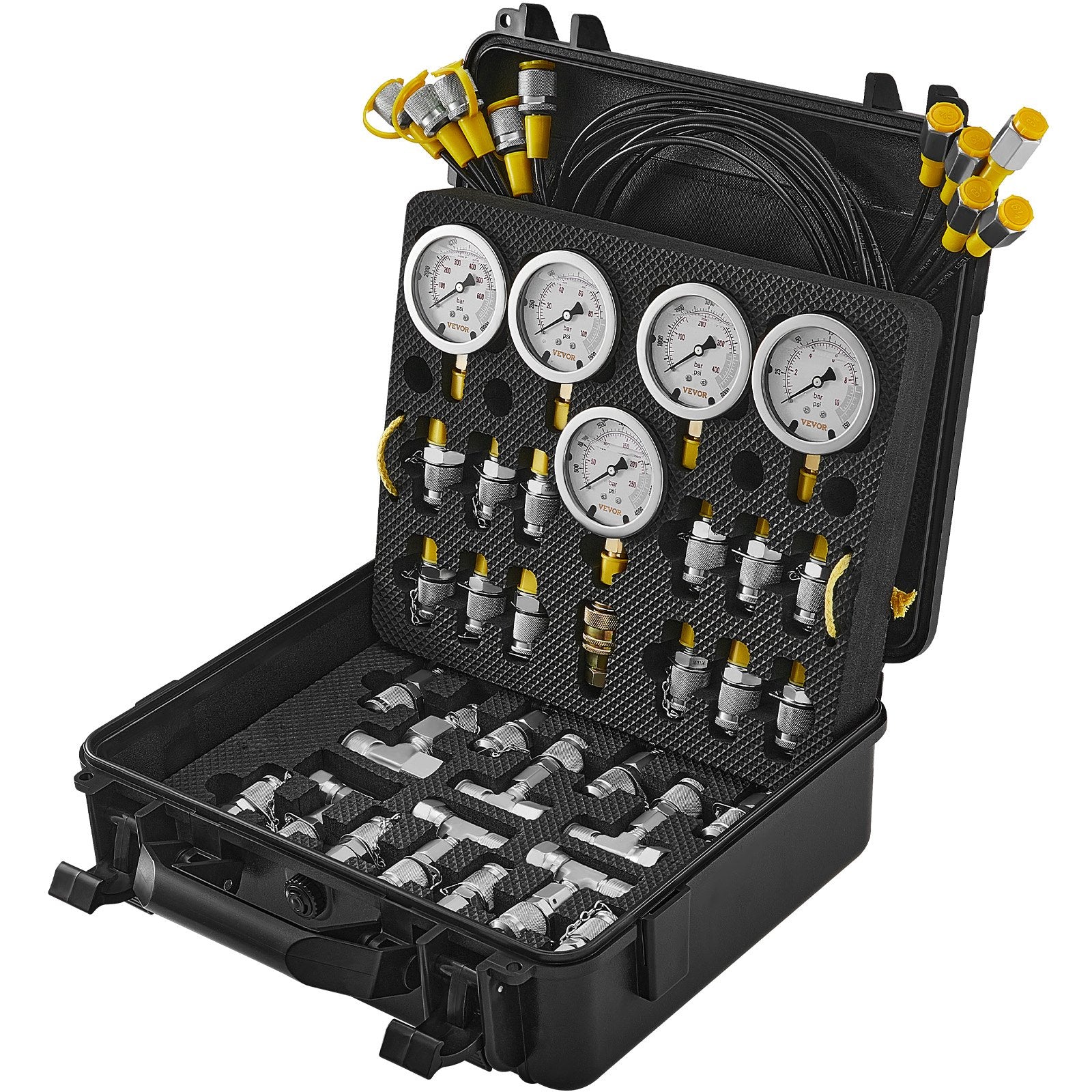 Automotive Repair & Speciality Tools: VEVOR Hydraulic Pressure Test Kit, 10/100/250/400/600bar, 5 Gauges 13 Couplings 14 Tee Connectors 5 Test Hoses, Excavator Hydraulic Test Gauge Set with Carrying Case for Excavator Tractors Machinery