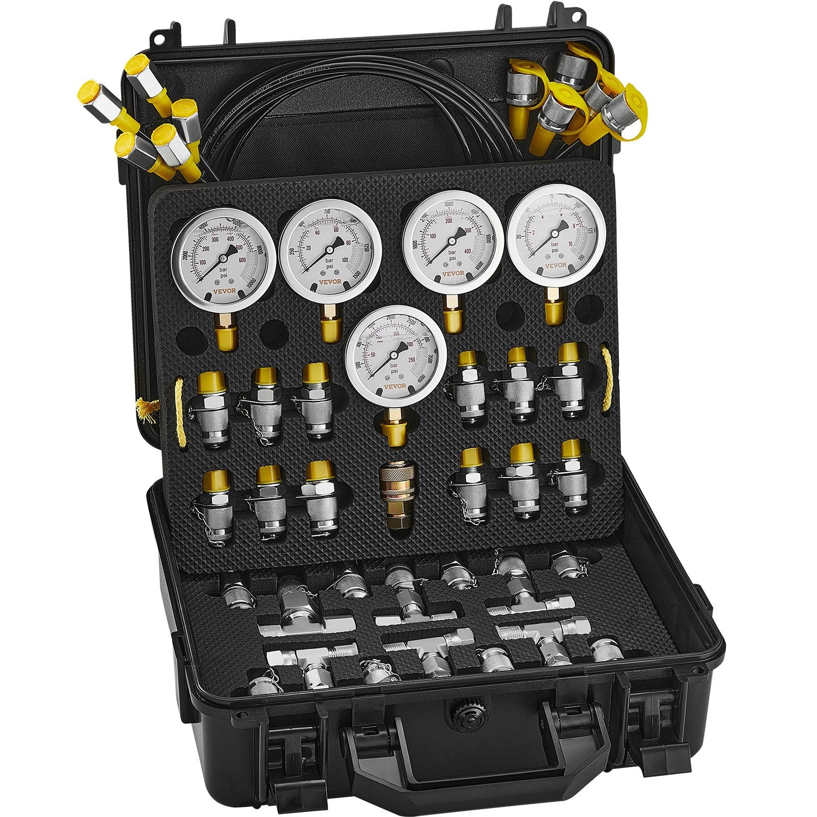 Automotive Repair & Speciality Tools: VEVOR Hydraulic Pressure Test Kit, 10/100/250/400/600bar, 5 Gauges 13 Couplings 14 Tee Connectors 5 Test Hoses, Excavator Hydraulic Test Gauge Set with Carrying Case for Excavator Tractors Machinery