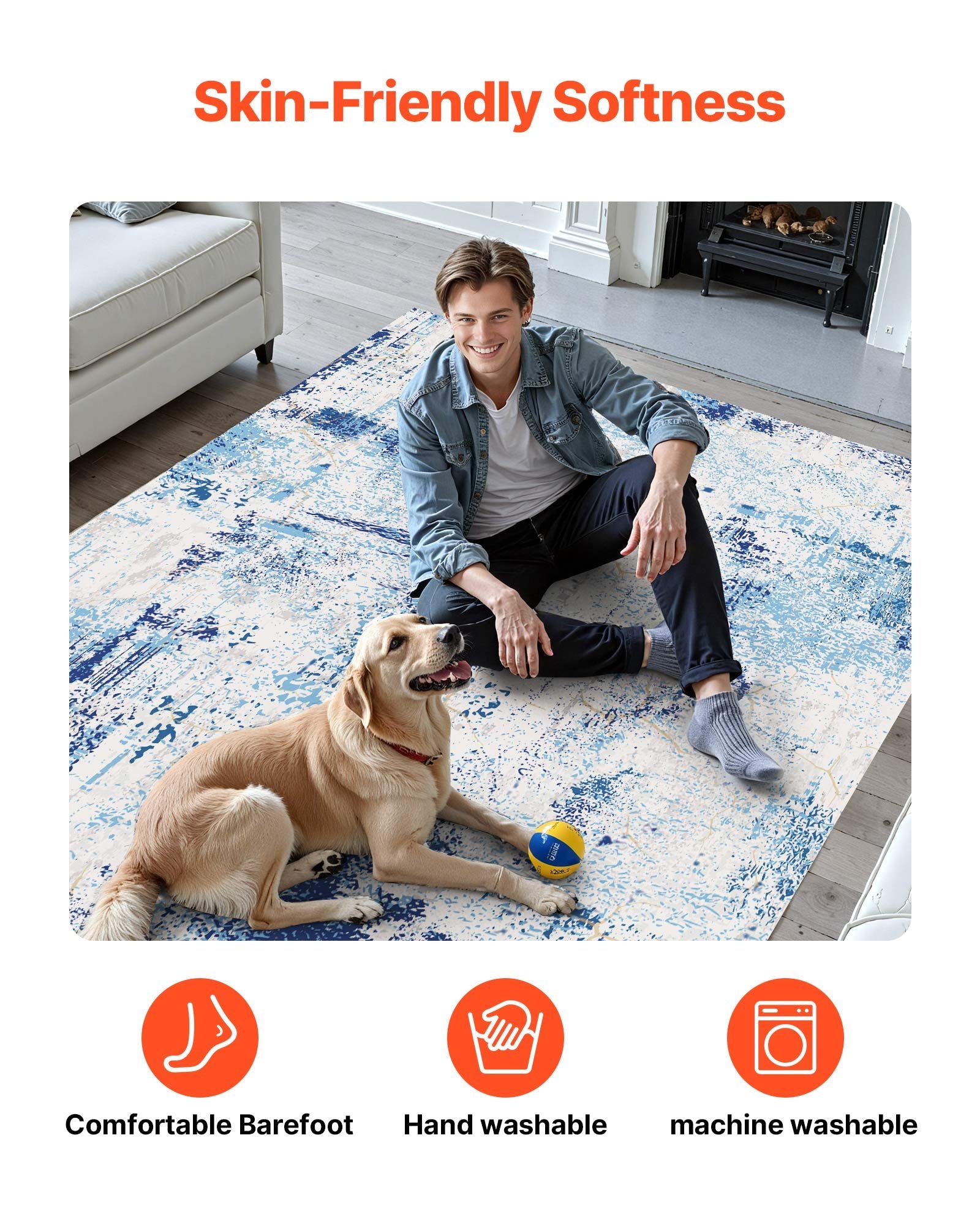 Dog Beds: VEVOR Area Rug, 1524x2133.6mm Large Washable Rug, Non-Slip and Tear-Resistant Soft Carpet, Pet & Child Friendly Modern Area Rugs, Indoor Mat for Bedroom, Office, Living Room, Kids Room, Entryway, Blue