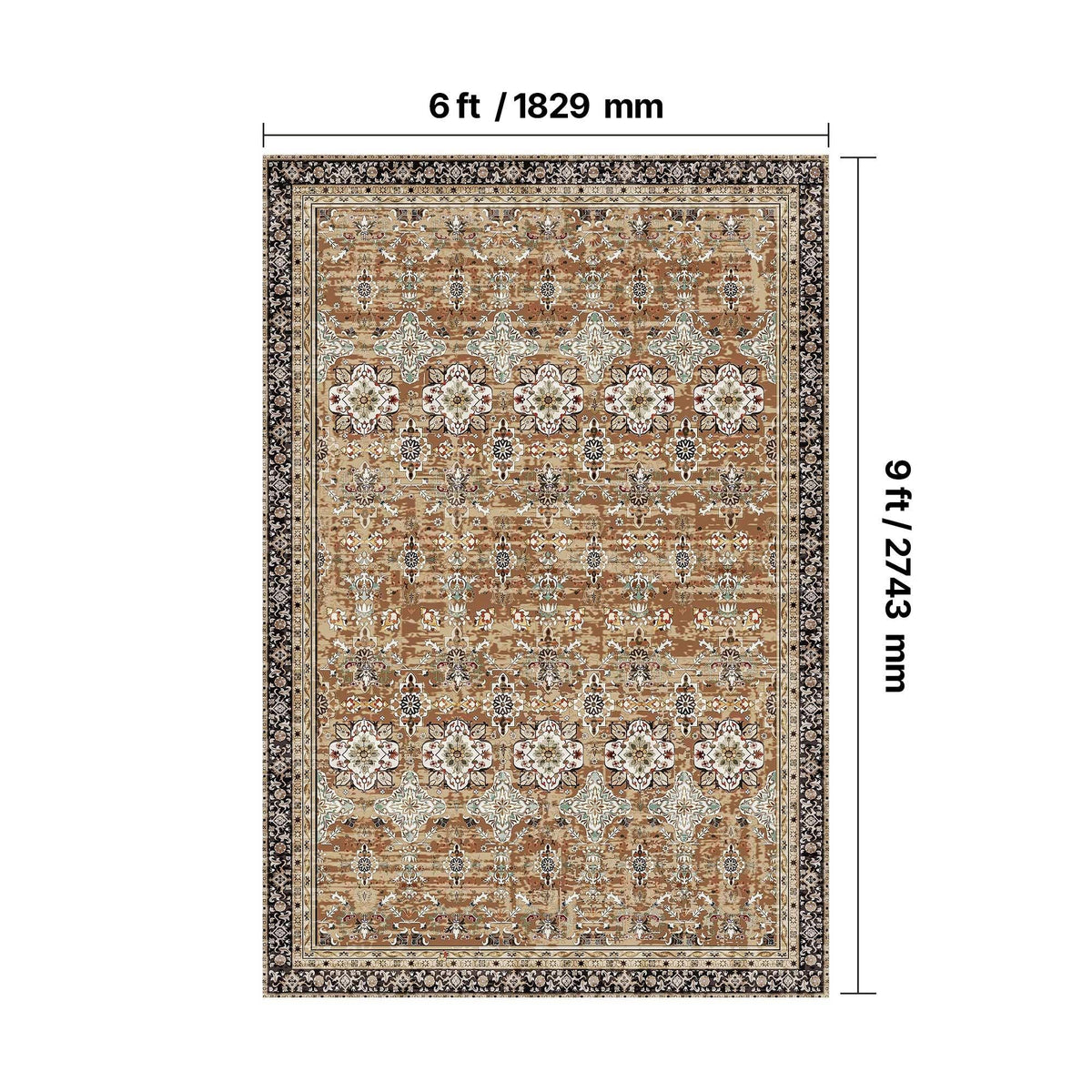 Area Rug, 1828.8x2743.2mm Large Washable Rug, Non-Slip Tear-Resistant Soft Carpet, Pet & Child Friendly Vintage Area Rugs, Indoor Mat for Bedroom, Living Room, Kids Room, Entryway, Brown Green