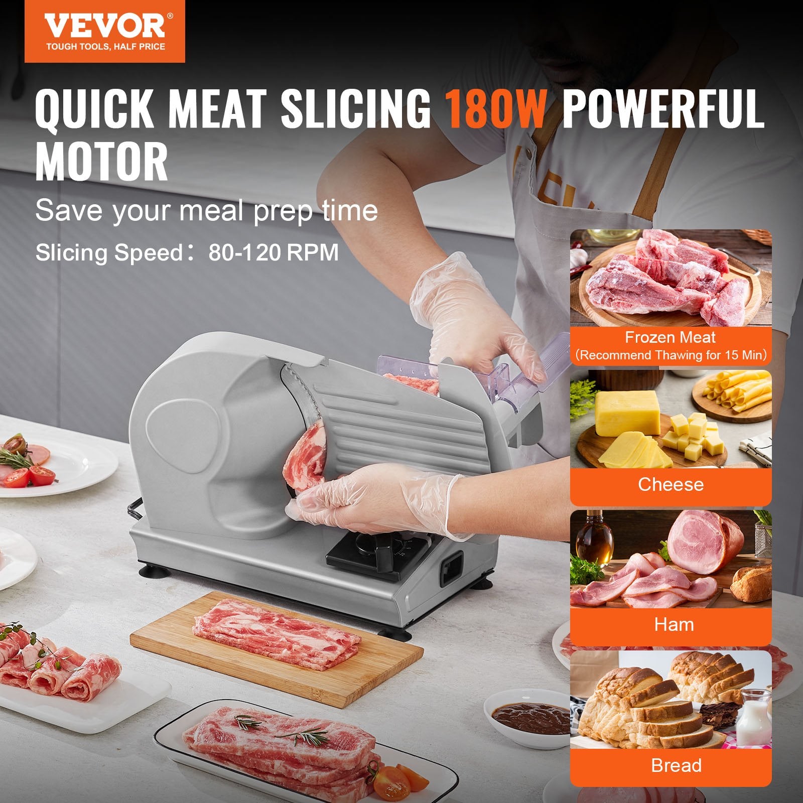 Meat Slicer, 180W Electric Deli Food Slicer with 7.5" SUS420 Stainless Steel Blade and Blade Guard, 0 - 0.6 inch Adjustable Thickness for Home Use, Easy to Clean, Cut Meat, Bread, Ham and Cheese