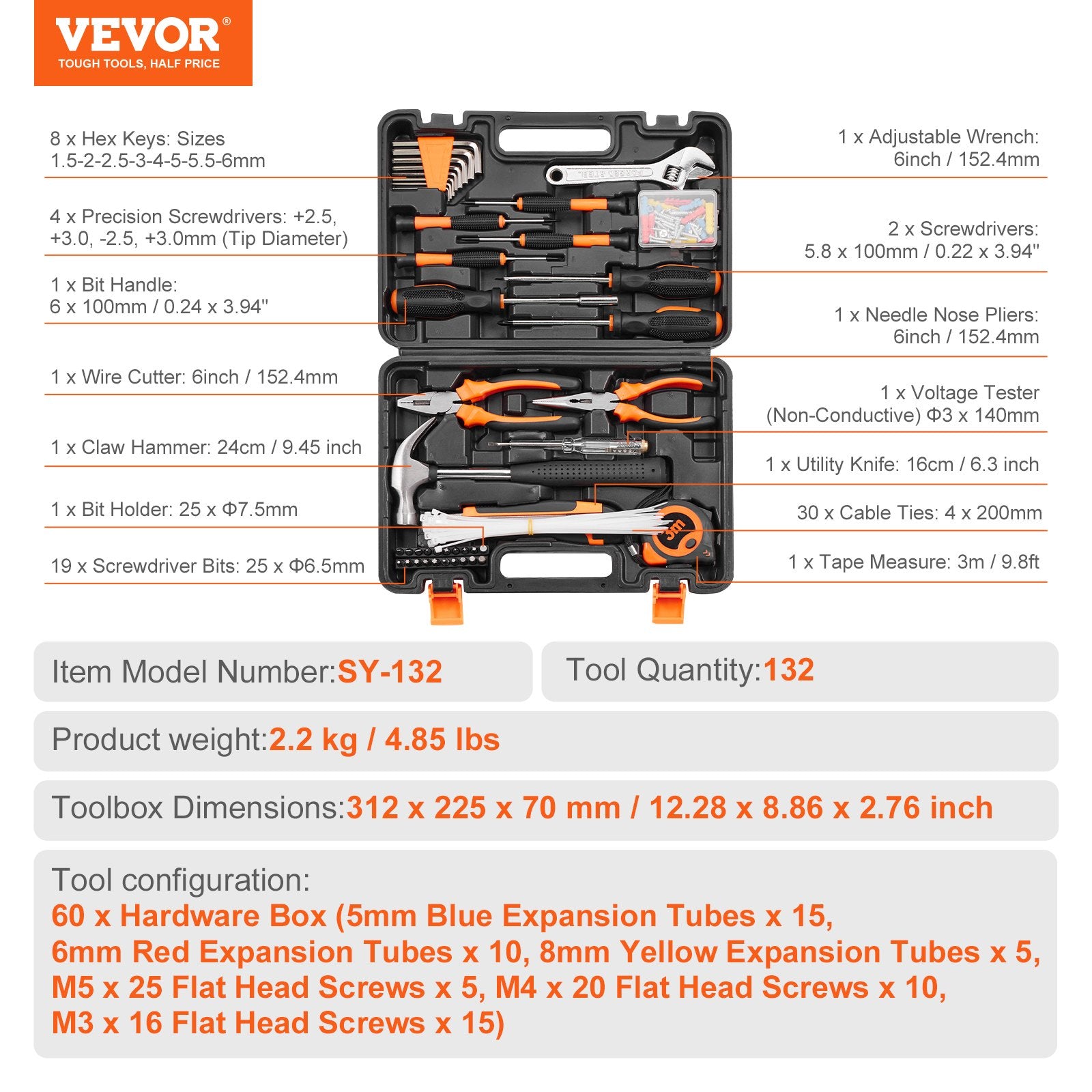 Hand Tools: VEVOR Tool Kit 132 Piece General Household Hand Tool Set with Portable Tool Case