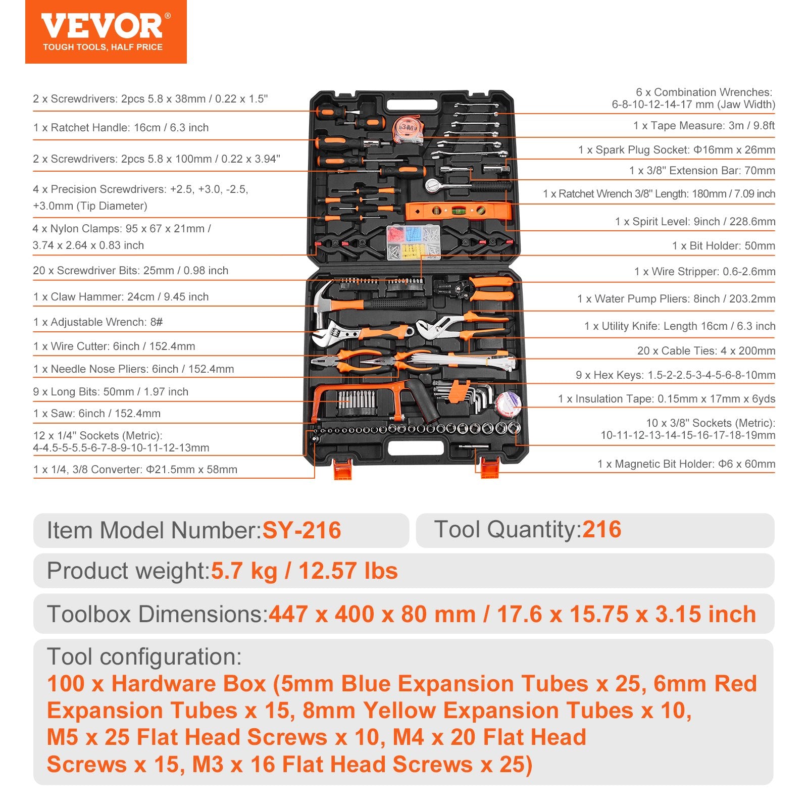 Hand Tools: VEVOR Tool Kit 216 Piece General Household Hand Tool Set with Portable Tool Case