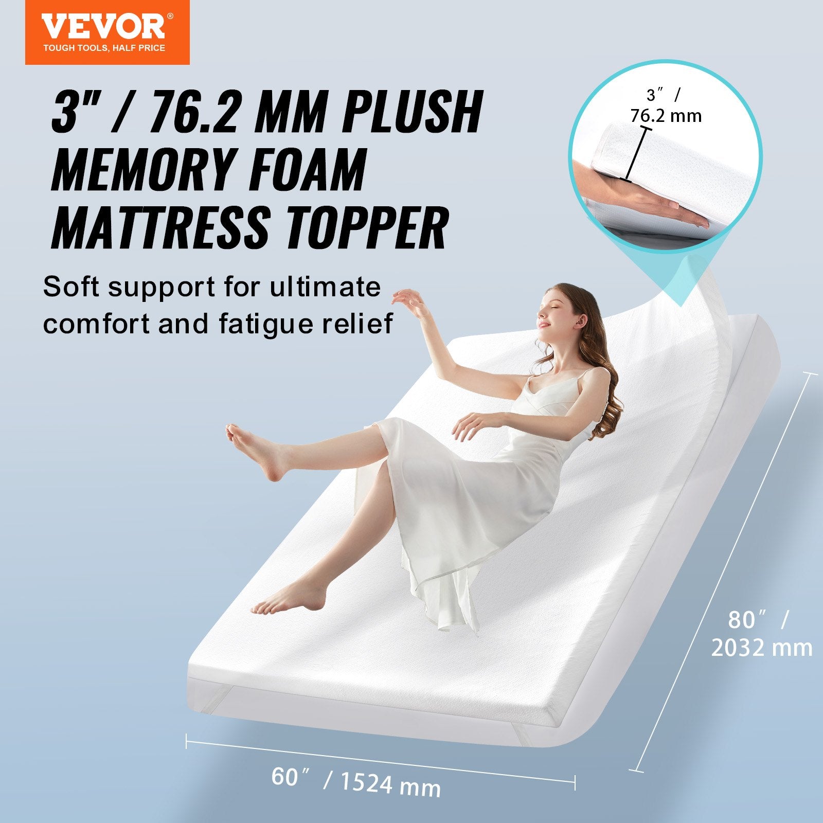 Mattress Toppers: VEVOR Mattress Topper Memory Foam Detachable & Washable Queen 76.2 mm Thickness