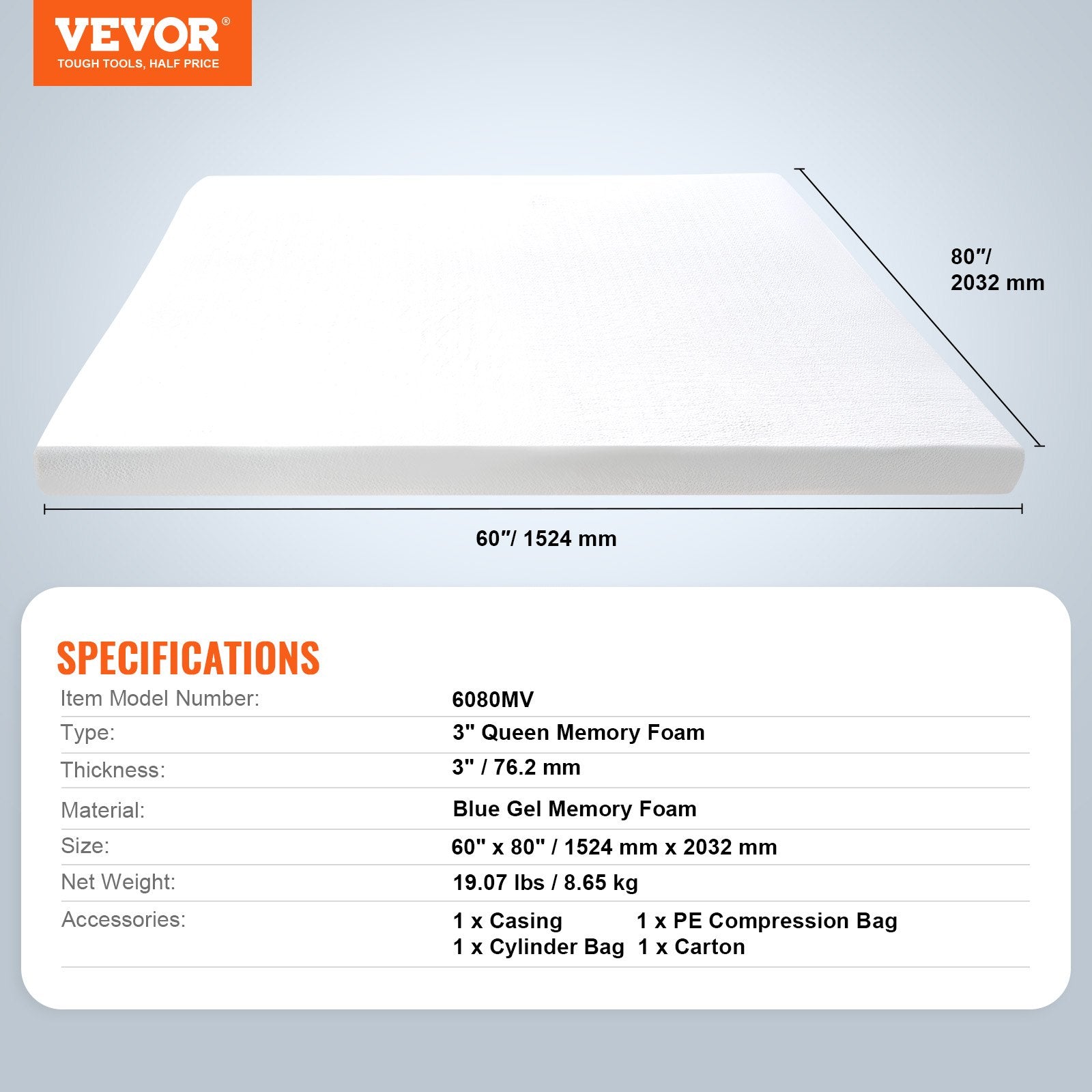 Mattress Toppers: VEVOR Mattress Topper Memory Foam Detachable & Washable Queen 76.2 mm Thickness