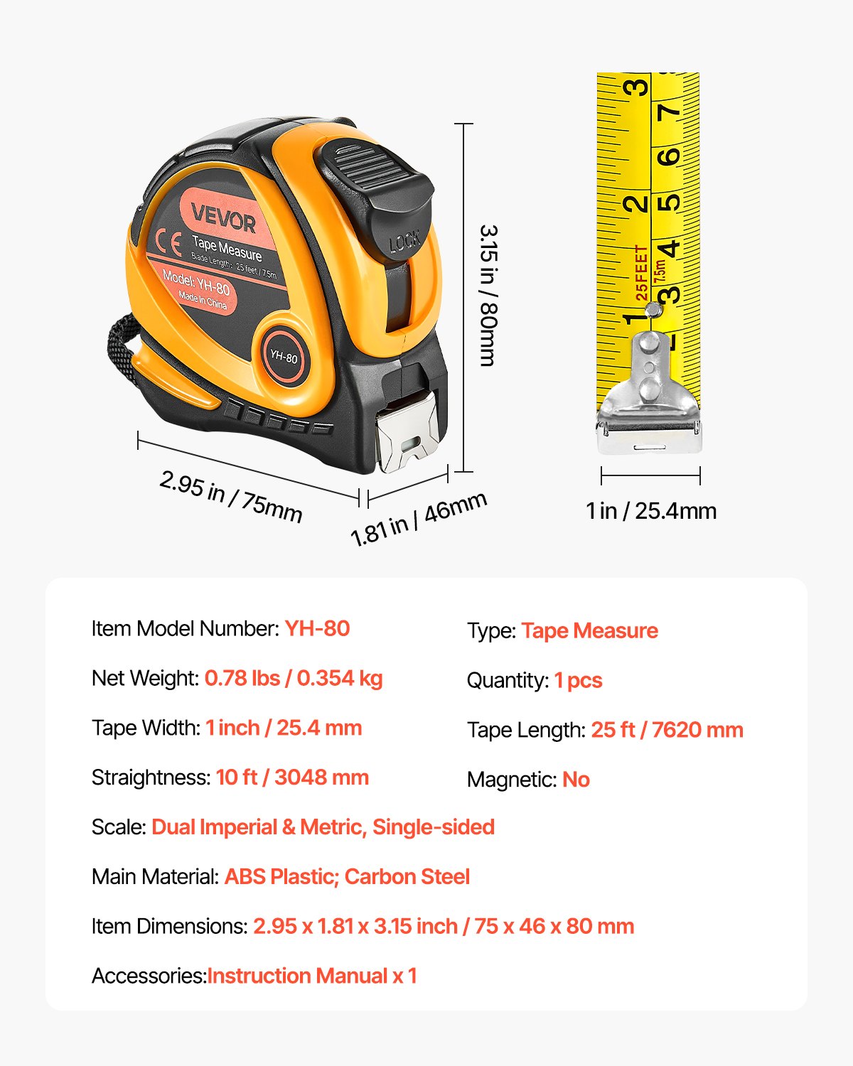 Automotive Repair & Speciality Tools: VEVOR Tape Measure 7620mm Retractable Imperial Metric for Decoration