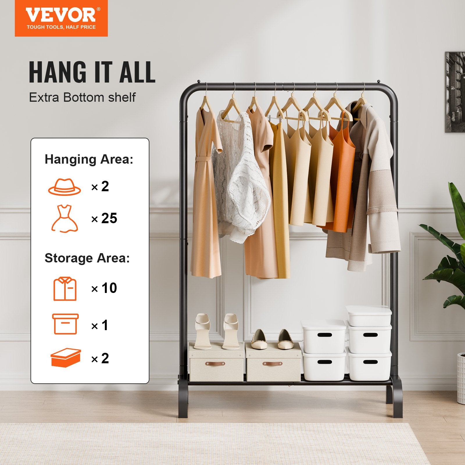 Clothing & Wardrobe Storage: VEVOR Clothes Rack, Heavy Duty Clothing Garment Rack with Hanging Rod and Bottom Storage Area, Clothing Rack for Bedroom Guest Room