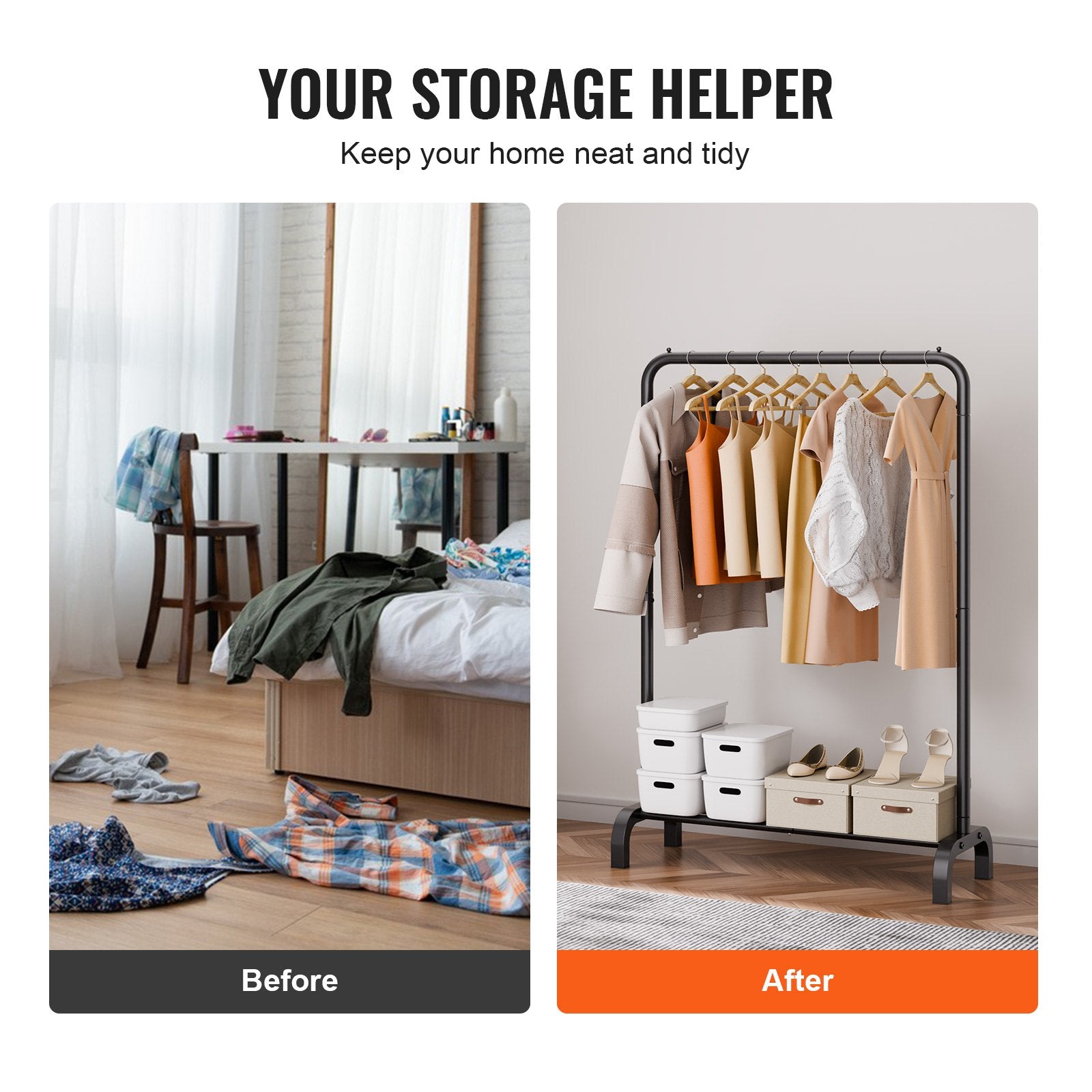 Clothing & Wardrobe Storage: VEVOR Clothes Rack, Heavy Duty Clothing Garment Rack with Hanging Rod and Bottom Storage Area, Clothing Rack for Bedroom Guest Room