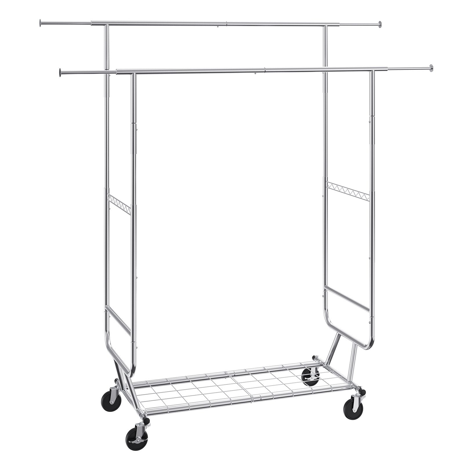 Heavy Duty Clothes Rack, Double Hanging Rod Clothing Garment Rack for Hanging Clothes, Adjustable Height and Extendable Length Clothing Rack with Bottom Storage Area, 272 KG Load Capacity