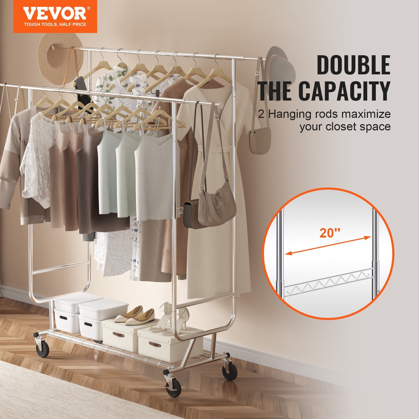 Heavy Duty Clothes Rack, Double Hanging Rod Clothing Garment Rack for Hanging Clothes, Adjustable Height and Extendable Length Clothing Rack with Bottom Storage Area, 272 KG Load Capacity