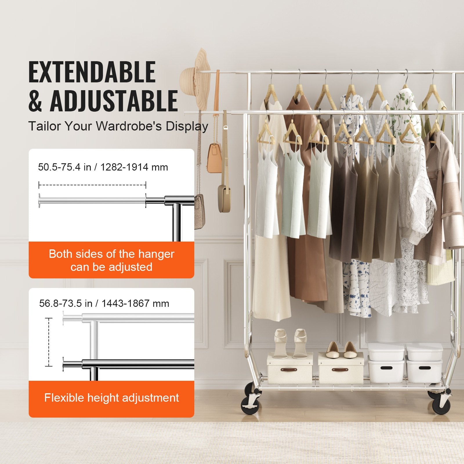 Heavy Duty Clothes Rack, Double Hanging Rod Clothing Garment Rack for Hanging Clothes, Adjustable Height and Extendable Length Clothing Rack with Bottom Storage Area, 272 KG Load Capacity