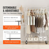 Clothing & Wardrobe Storage: VEVOR Heavy Duty Clothes Rack, Double Hanging Rod Clothing Garment Rack for Hanging Clothes, Adjustable Height and Extendable Length Clothing Rack with Bottom Storage Area, 272 KG Load Capacity