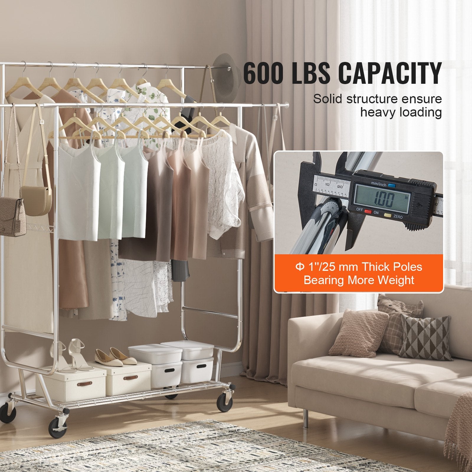 Heavy Duty Clothes Rack, Double Hanging Rod Clothing Garment Rack for Hanging Clothes, Adjustable Height and Extendable Length Clothing Rack with Bottom Storage Area, 272 KG Load Capacity