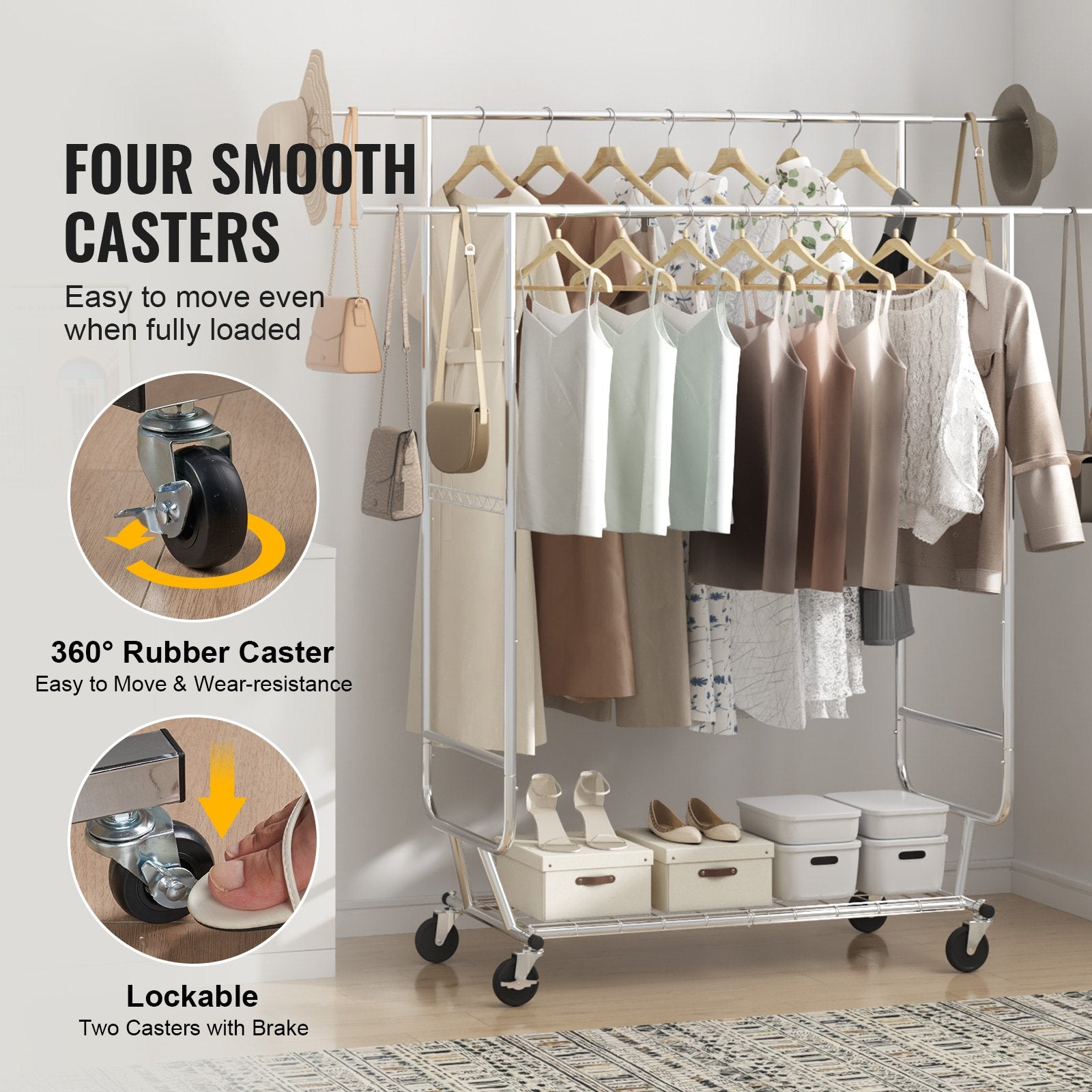 Heavy Duty Clothes Rack, Double Hanging Rod Clothing Garment Rack for Hanging Clothes, Adjustable Height and Extendable Length Clothing Rack with Bottom Storage Area, 272 KG Load Capacity
