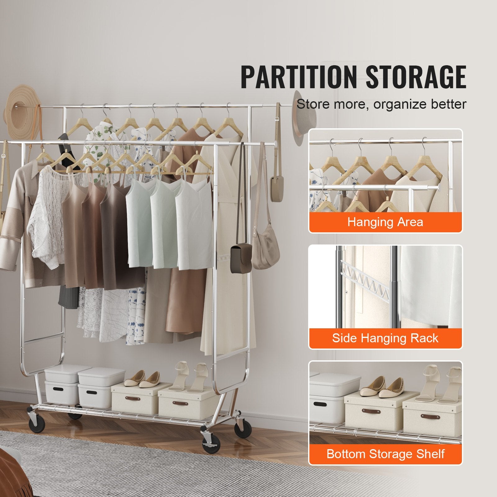 Heavy Duty Clothes Rack, Double Hanging Rod Clothing Garment Rack for Hanging Clothes, Adjustable Height and Extendable Length Clothing Rack with Bottom Storage Area, 272 KG Load Capacity