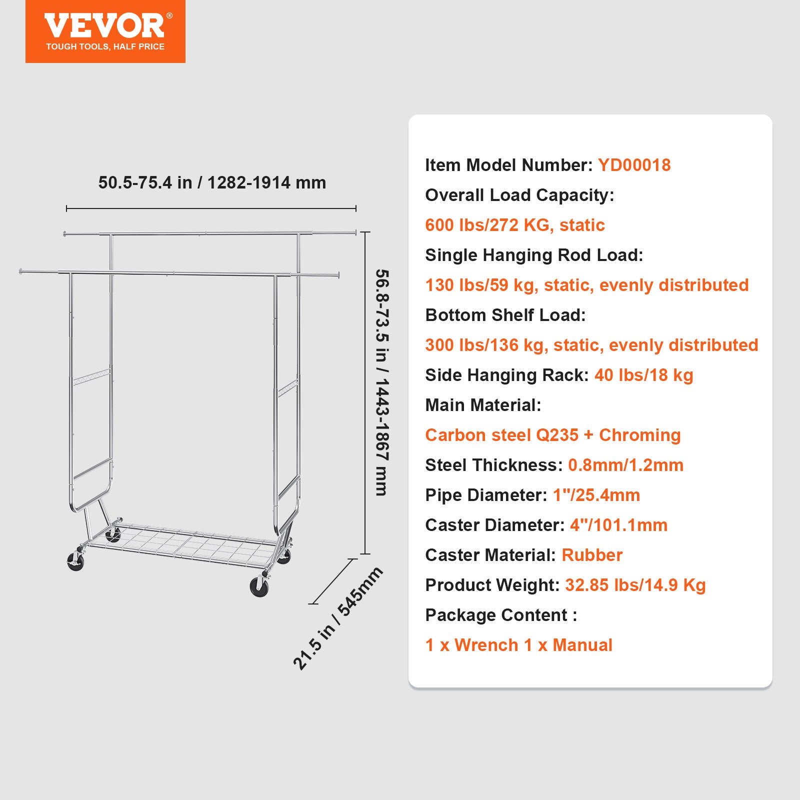 Heavy Duty Clothes Rack, Double Hanging Rod Clothing Garment Rack for Hanging Clothes, Adjustable Height and Extendable Length Clothing Rack with Bottom Storage Area, 272 KG Load Capacity