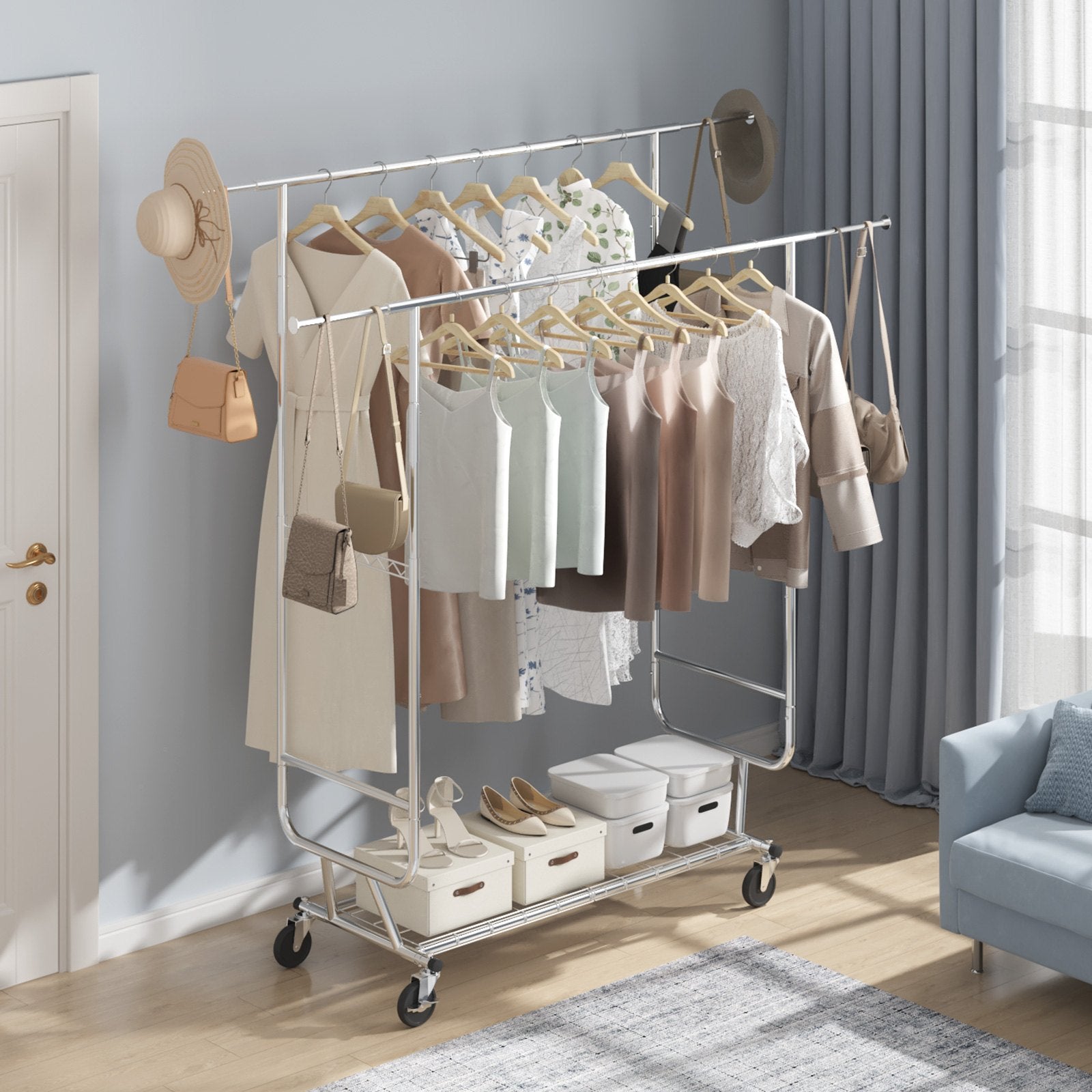 Heavy Duty Clothes Rack, Double Hanging Rod Clothing Garment Rack for Hanging Clothes, Adjustable Height and Extendable Length Clothing Rack with Bottom Storage Area, 272 KG Load Capacity