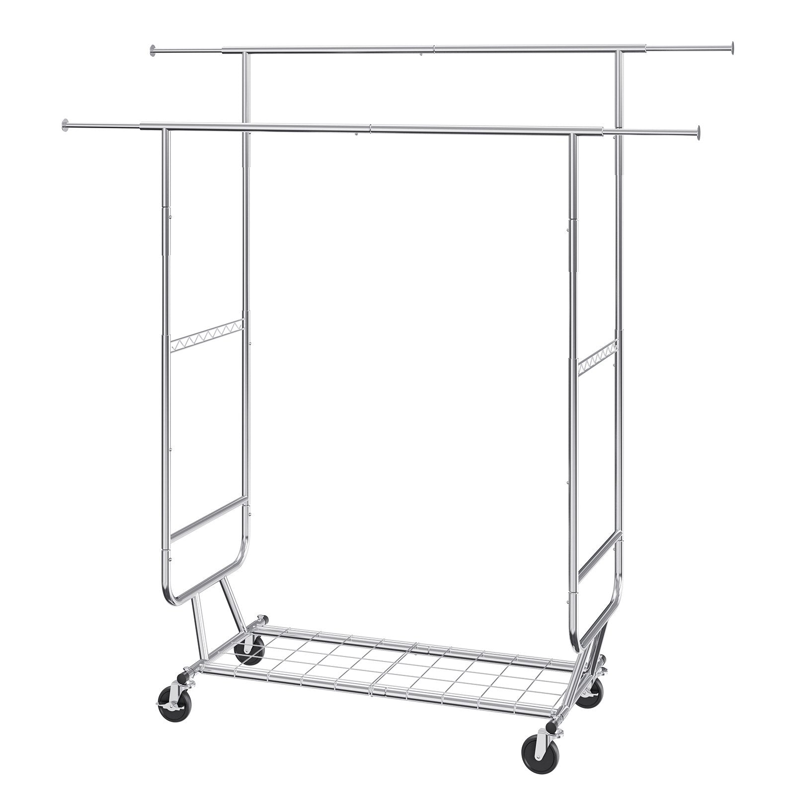 Heavy Duty Clothes Rack, Double Hanging Rod Clothing Garment Rack for Hanging Clothes, Adjustable Height and Extendable Length Clothing Rack with Bottom Storage Area, 272 KG Load Capacity