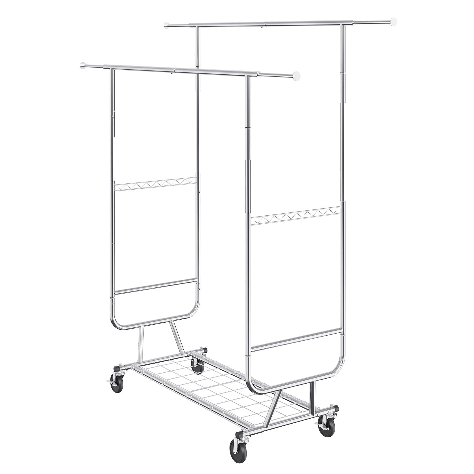 Heavy Duty Clothes Rack, Double Hanging Rod Clothing Garment Rack for Hanging Clothes, Adjustable Height and Extendable Length Clothing Rack with Bottom Storage Area, 272 KG Load Capacity