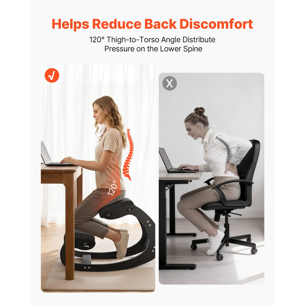 Ergonomic Kneeling Chair, Wooden Posture Knee Chair with Adjustable Thick Foam Cushions & Solid Wood Frame, Adjustable Height, Relief for Neck or Back Pain for Home, Office or Meditation, Black