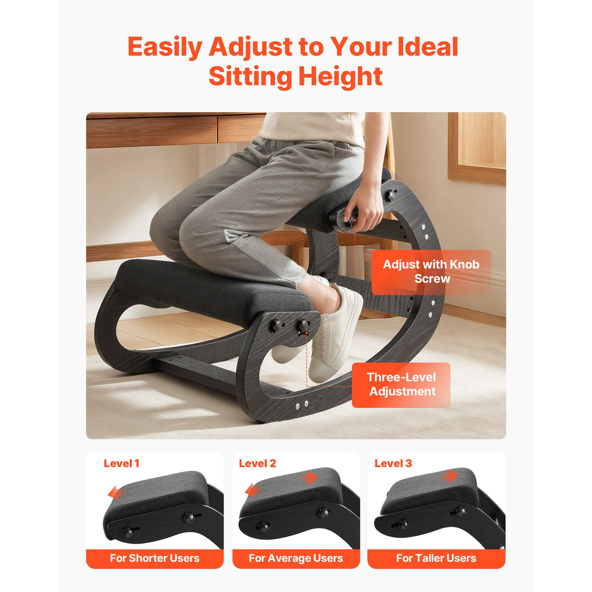Ergonomic Kneeling Chair, Wooden Posture Knee Chair with Adjustable Thick Foam Cushions & Solid Wood Frame, Adjustable Height, Relief for Neck or Back Pain for Home, Office or Meditation, Black