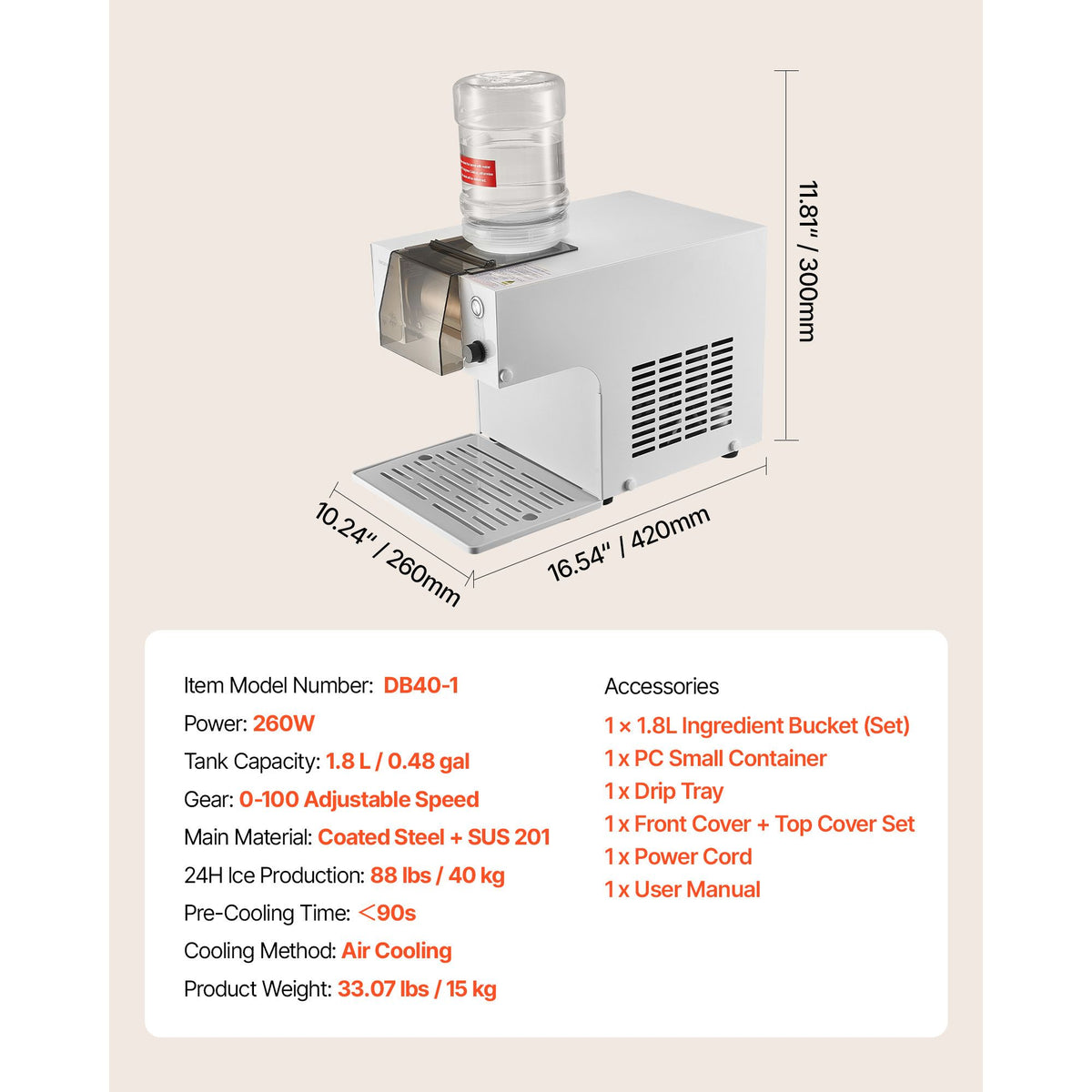 Snowflake Ice Machine, 40KG/24H Snowflake Ice Maker, Ice-Shaver Machine with Stainless Steel Blade, Electric Snow Cone Maker with 1.8L Tank, 90S Fast Pre-Cooling, for Home & Small Gatherings