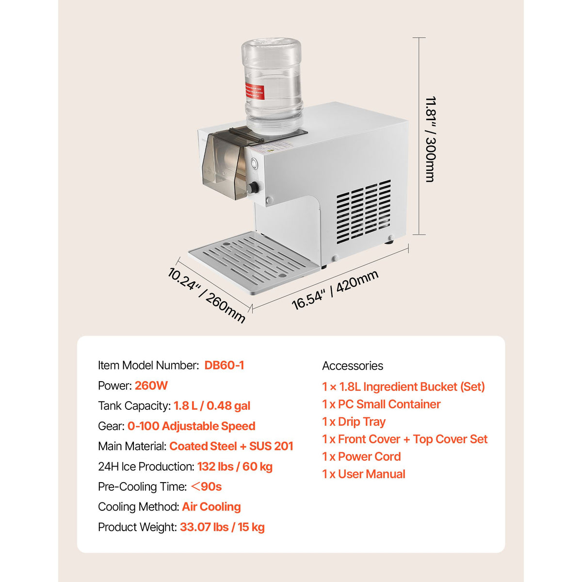 Snowflake Ice Machine, 60KG/24H Snowflake Ice Maker, Ice-Shaver Machine with Stainless Steel Blade, Electric Snow Cone Maker with 1.8L Tank, 90S Fast Pre-Cooling, for Home & Small Gatherings