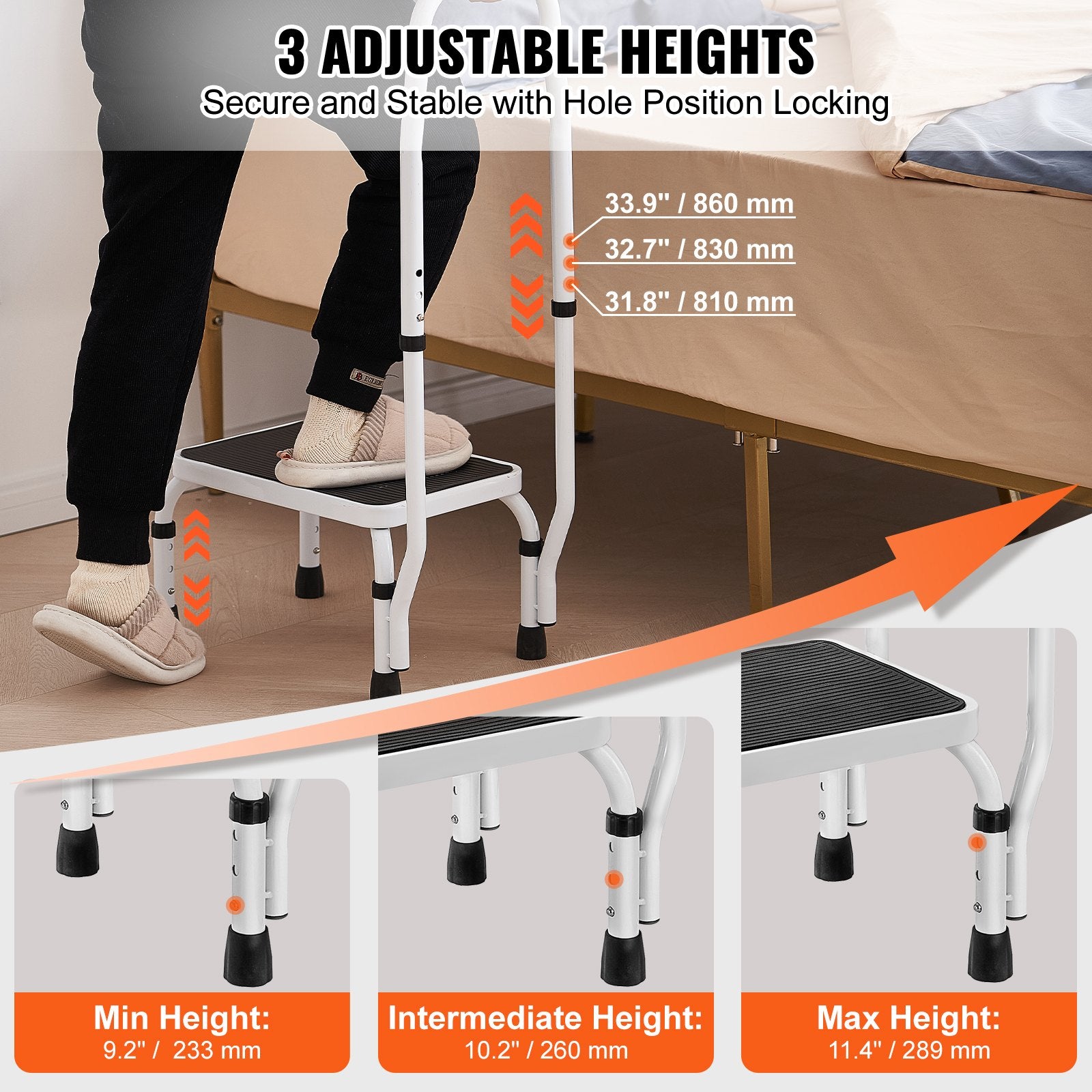 Mobility & Accessibility: VEVOR Step Stool 1-Step 150KG Capacity, 3 Adjustable Height with Handle Steel Step Ladder, Portable Toddler Step Stools for Adults, Non-Slip Sturdy Step Ladders for Office, RVs, Pets