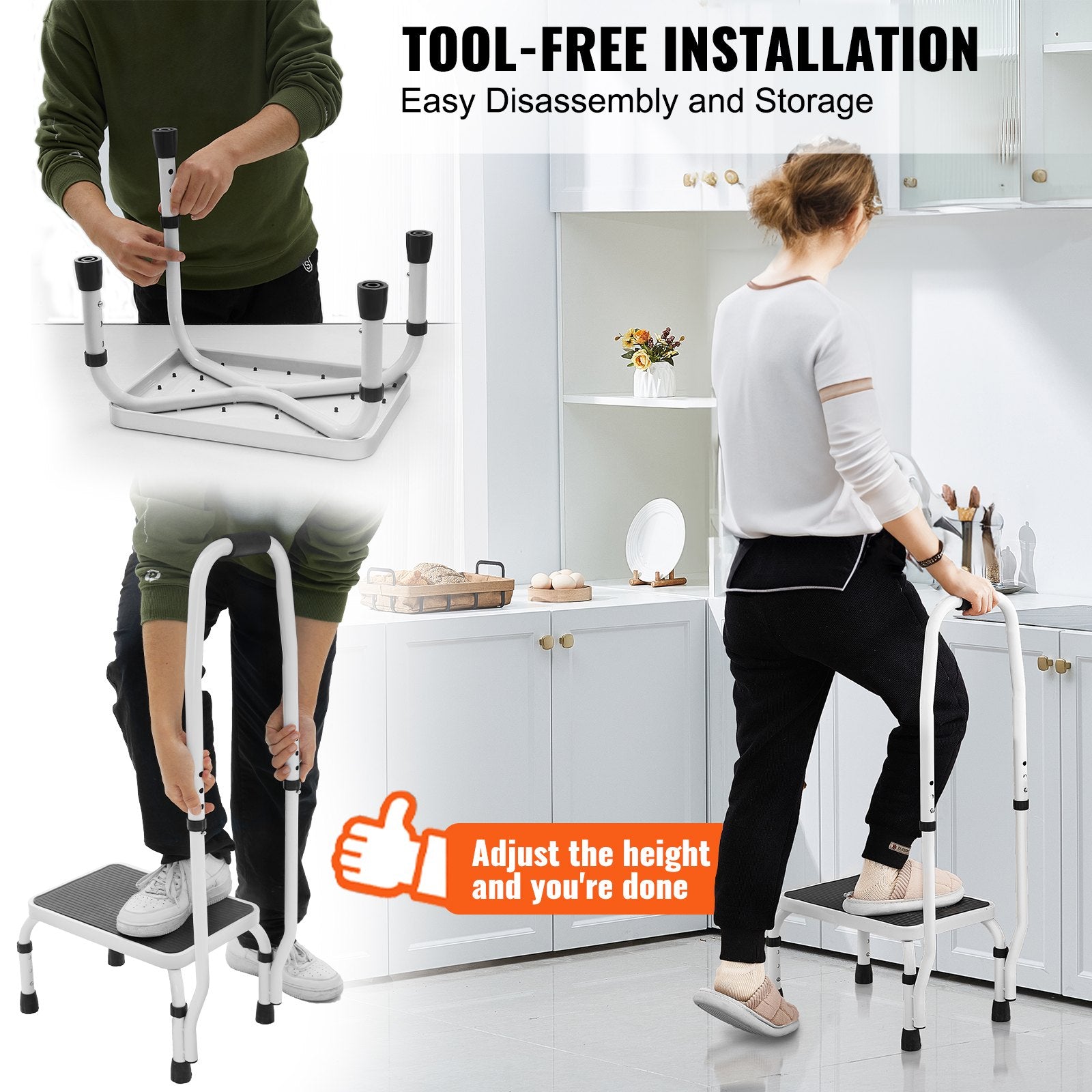 Mobility & Accessibility: VEVOR Step Stool 1-Step 150KG Capacity, 3 Adjustable Height with Handle Steel Step Ladder, Portable Toddler Step Stools for Adults, Non-Slip Sturdy Step Ladders for Office, RVs, Pets