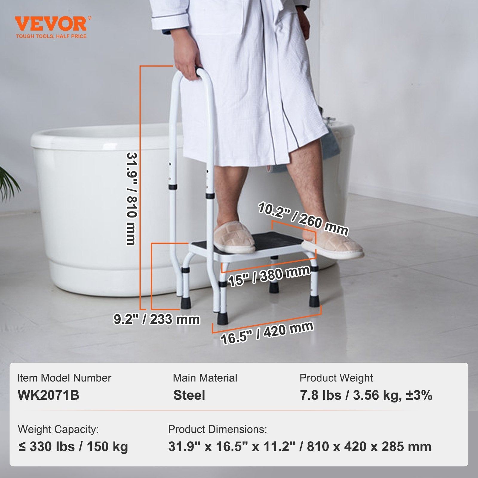 Mobility & Accessibility: VEVOR Step Stool 1-Step 150KG Capacity, 3 Adjustable Height with Handle Steel Step Ladder, Portable Toddler Step Stools for Adults, Non-Slip Sturdy Step Ladders for Office, RVs, Pets