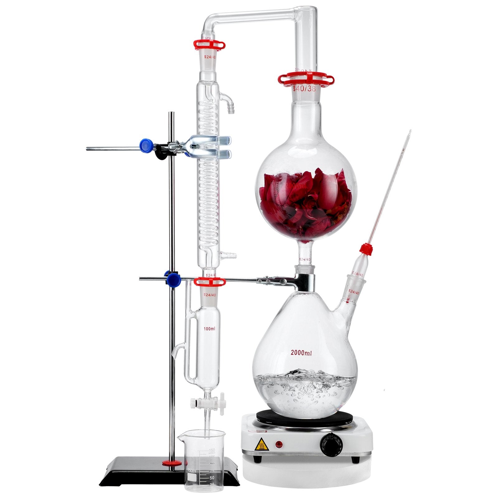 Distilling & Brewing: VEVOR Essential Oil Distillation Kit, 2000ml Distillation Apparatus, 3.3 Boro Lab Glassware Distillation Kit with 1000W Heating Plate and 24, 40 Joint, 28 pcs Set
