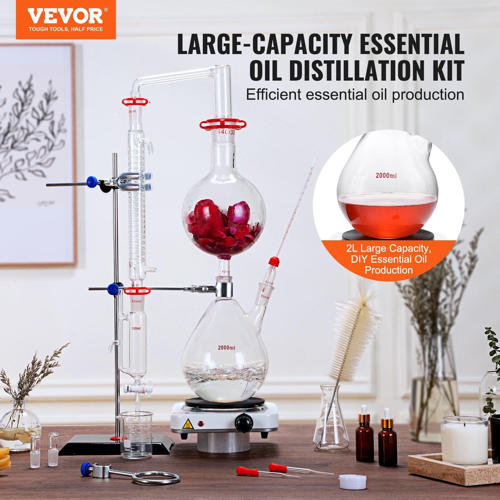 Distilling & Brewing: VEVOR Essential Oil Distillation Kit, 2000ml Distillation Apparatus, 3.3 Boro Lab Glassware Distillation Kit with 1000W Heating Plate and 24, 40 Joint, 28 pcs Set