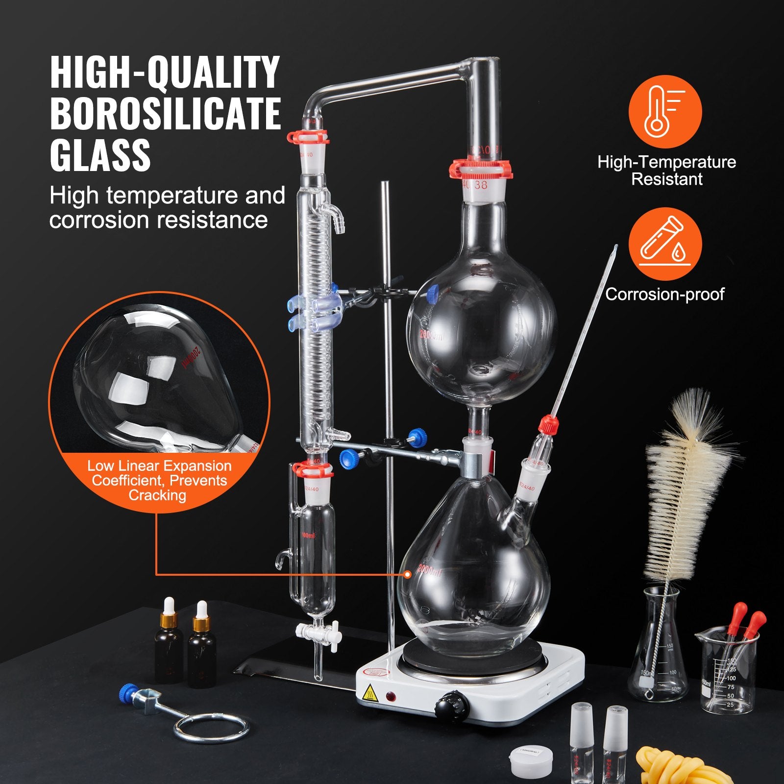 Distilling & Brewing: VEVOR Essential Oil Distillation Kit, 2000ml Distillation Apparatus, 3.3 Boro Lab Glassware Distillation Kit with 1000W Heating Plate and 24, 40 Joint, 28 pcs Set
