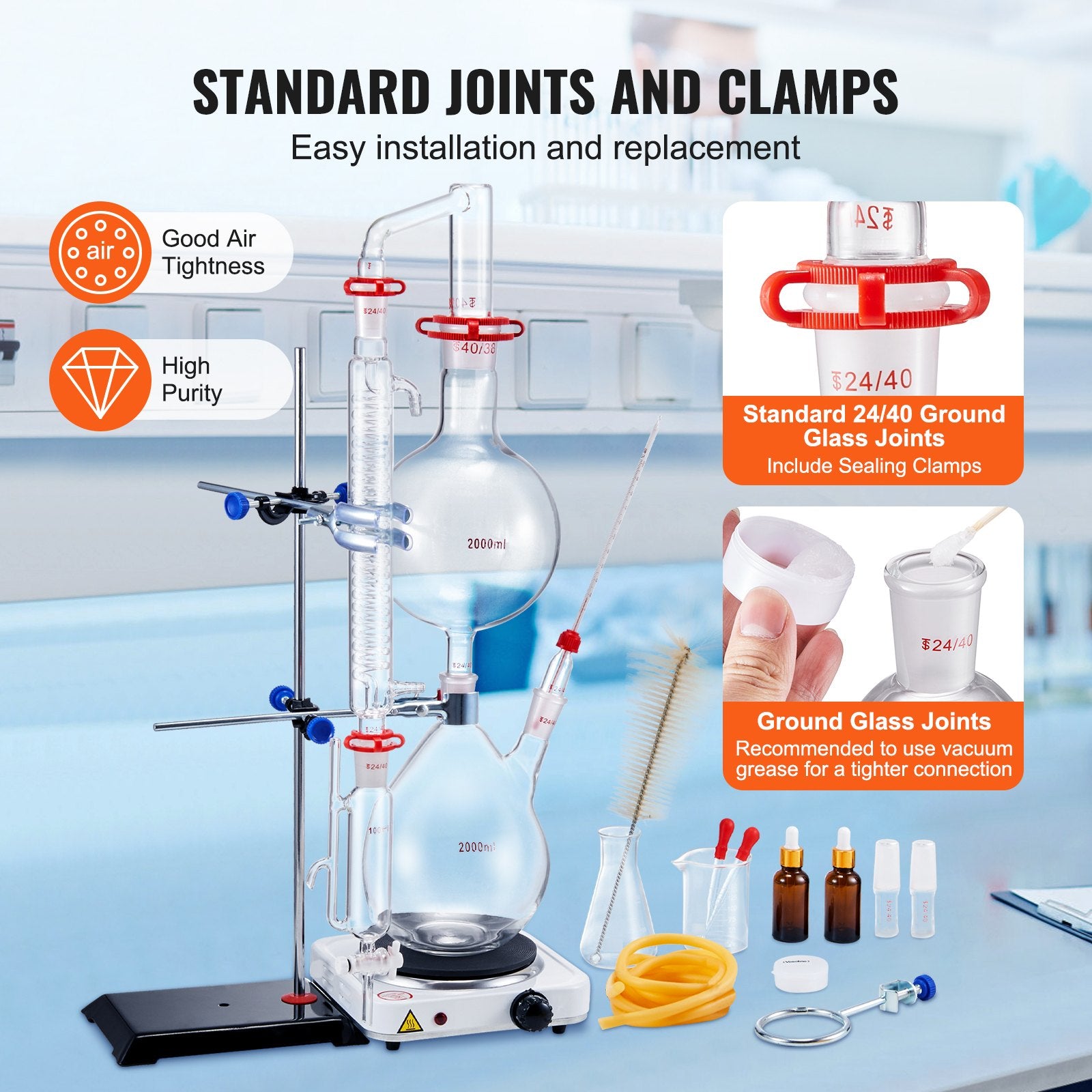 Distilling & Brewing: VEVOR Essential Oil Distillation Kit, 2000ml Distillation Apparatus, 3.3 Boro Lab Glassware Distillation Kit with 1000W Heating Plate and 24, 40 Joint, 28 pcs Set